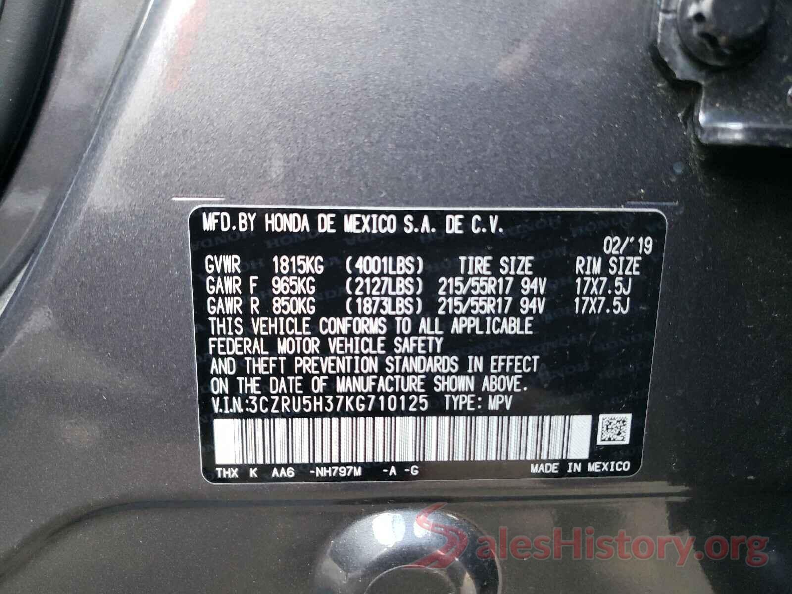 3CZRU5H37KG710125 2019 HONDA HR-V