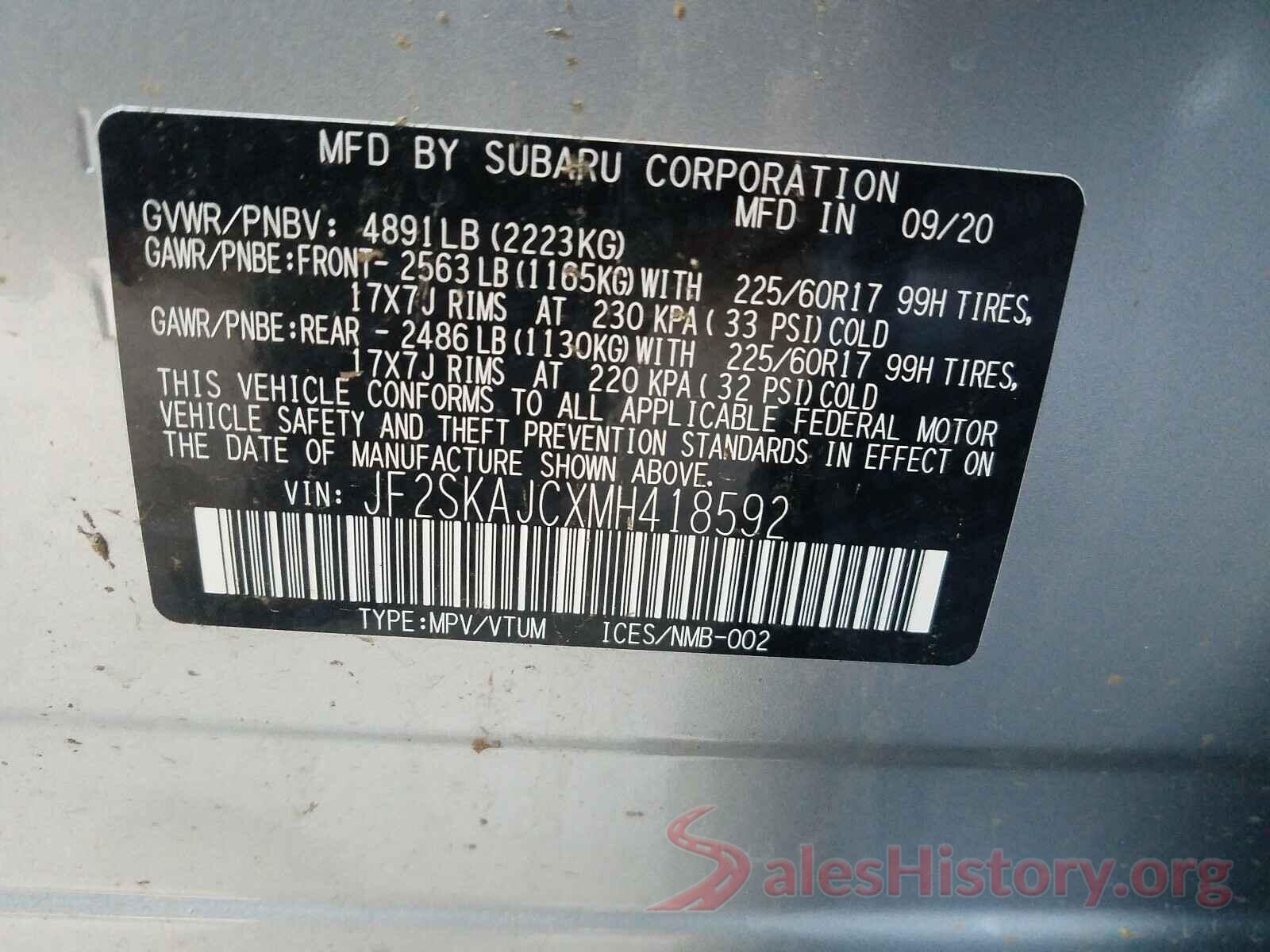 JF2SKAJCXMH418592 2021 SUBARU FORESTER