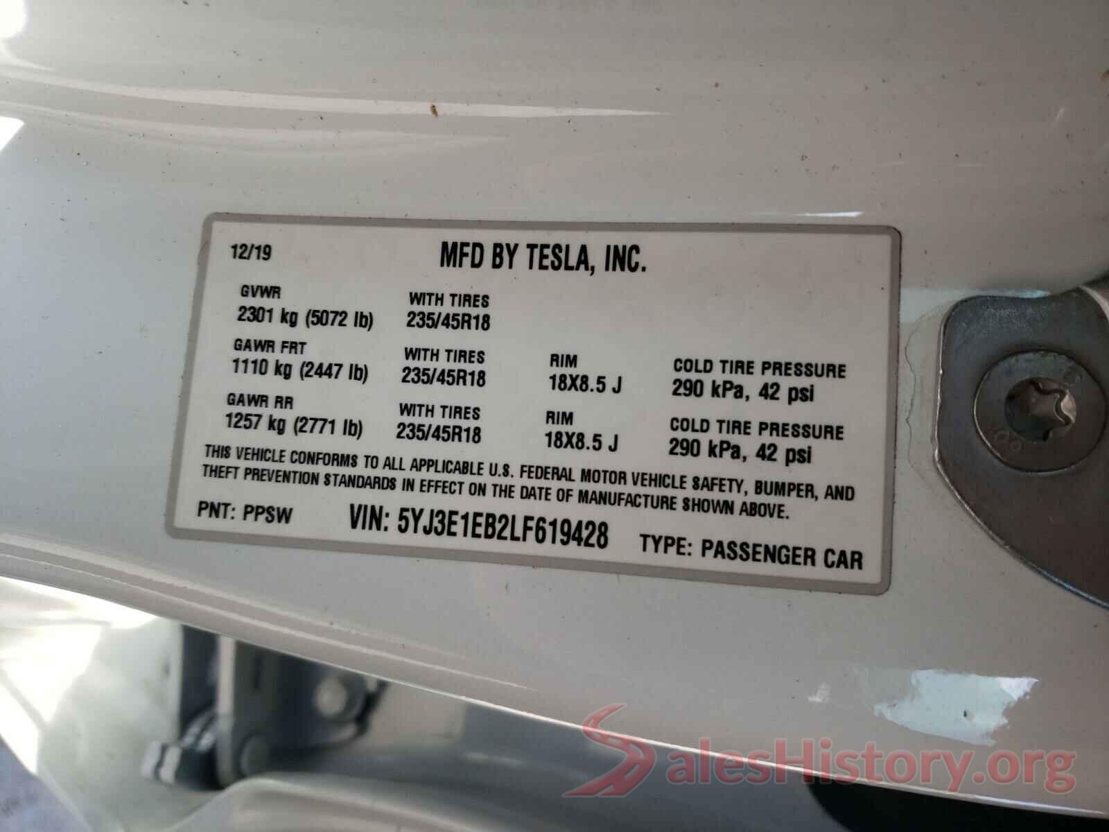 5YJ3E1EB2LF619428 2020 TESLA MODEL 3