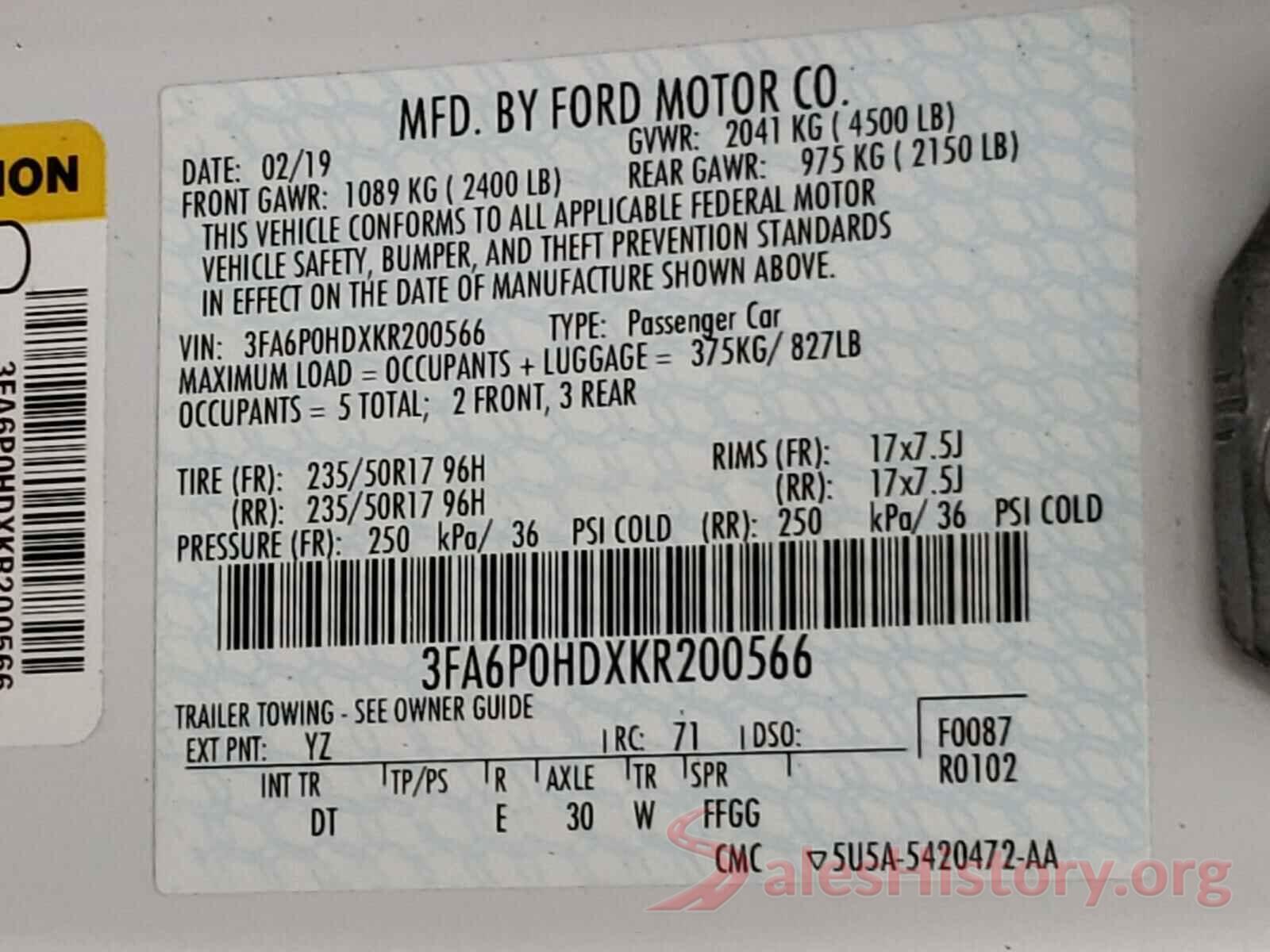 3FA6P0HDXKR200566 2019 FORD FUSION