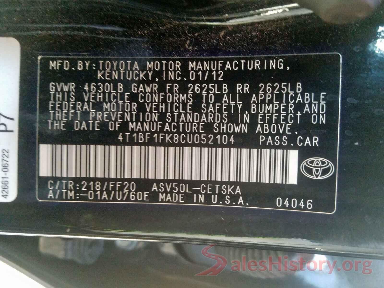 4T1BF1FK8CU052104 2012 TOYOTA CAMRY