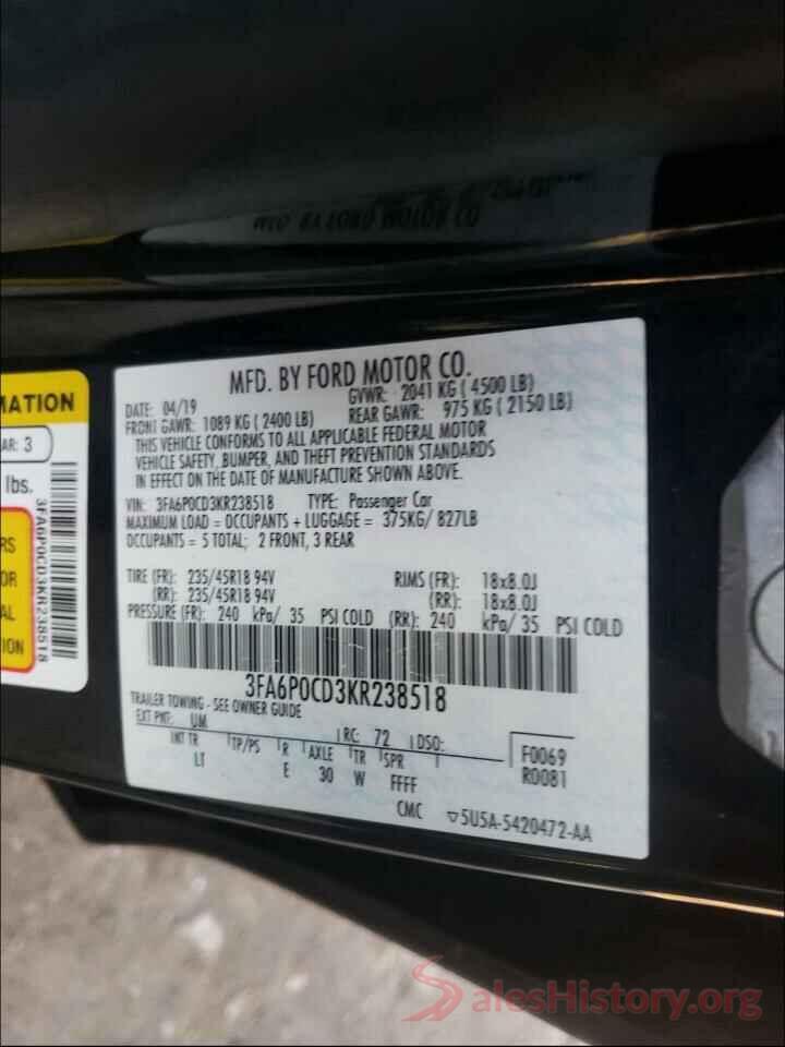 3FA6P0CD3KR238518 2019 FORD FUSION