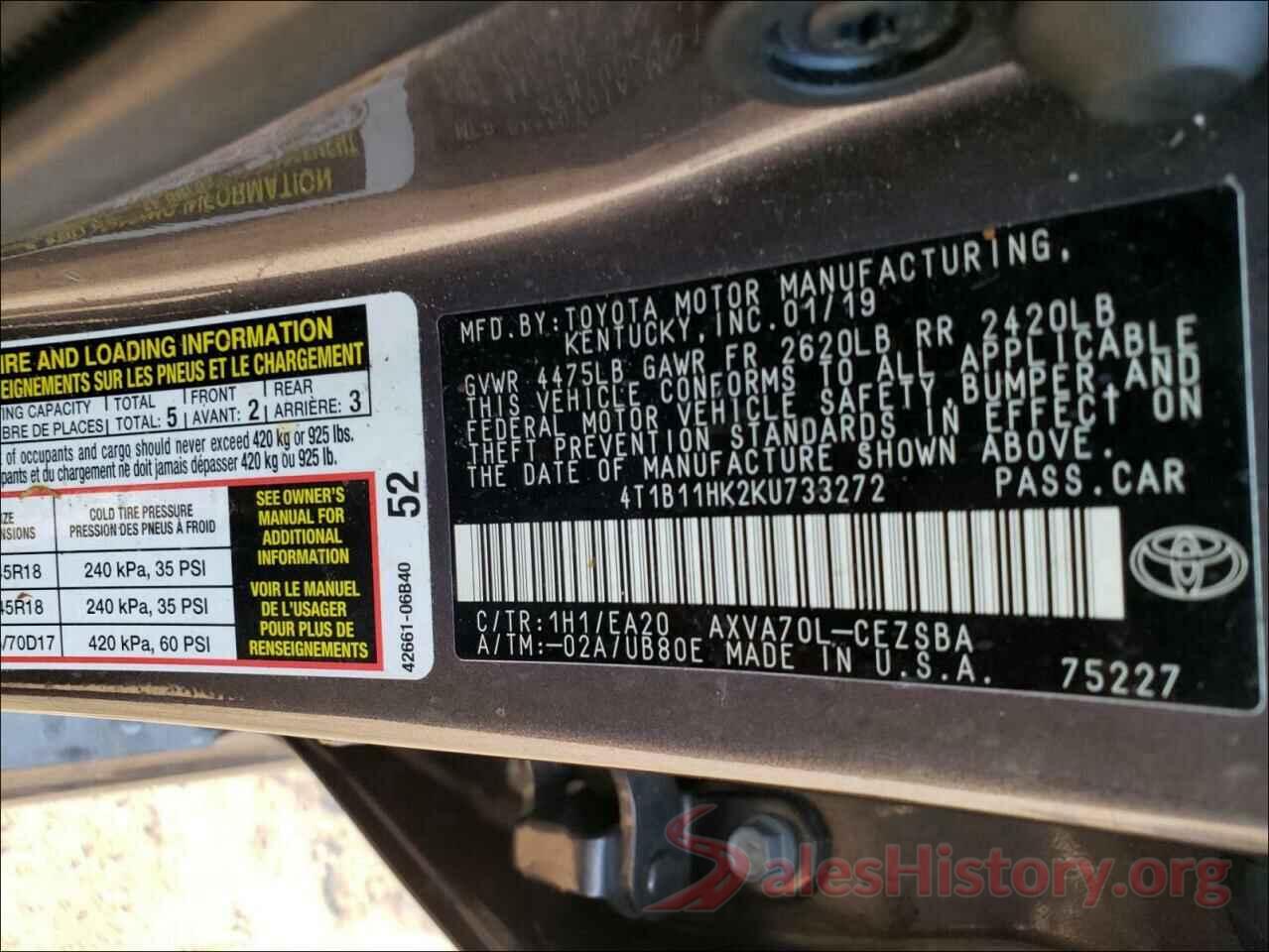 4T1B11HK2KU733272 2019 TOYOTA CAMRY