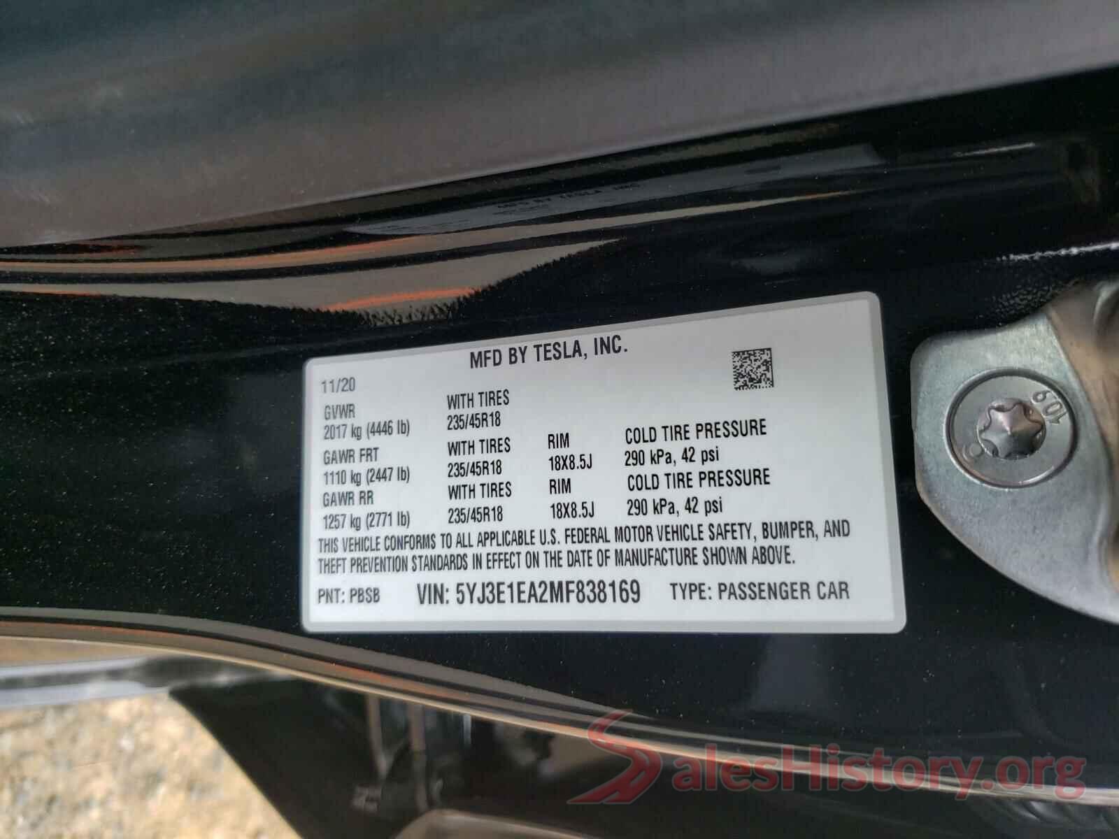 5YJ3E1EA2MF838169 2021 TESLA MODEL 3