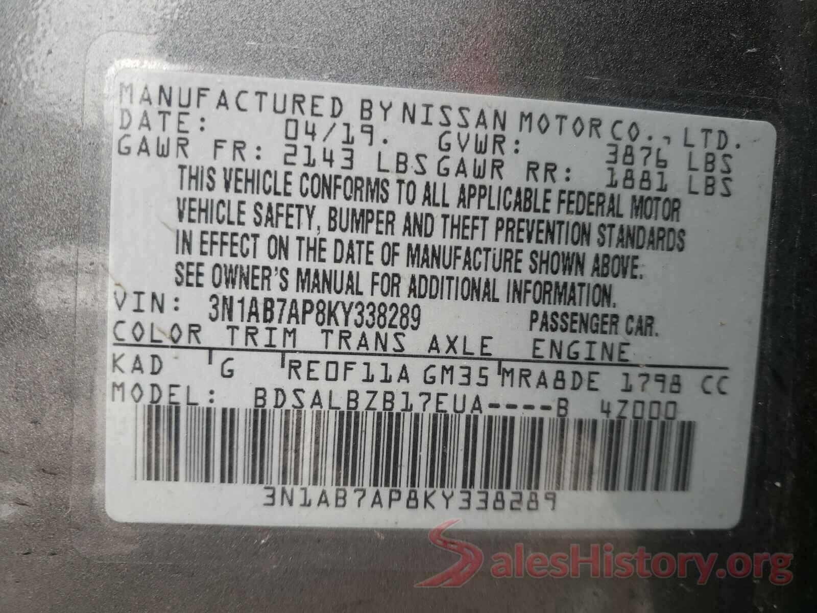 3N1AB7AP8KY338289 2019 NISSAN SENTRA