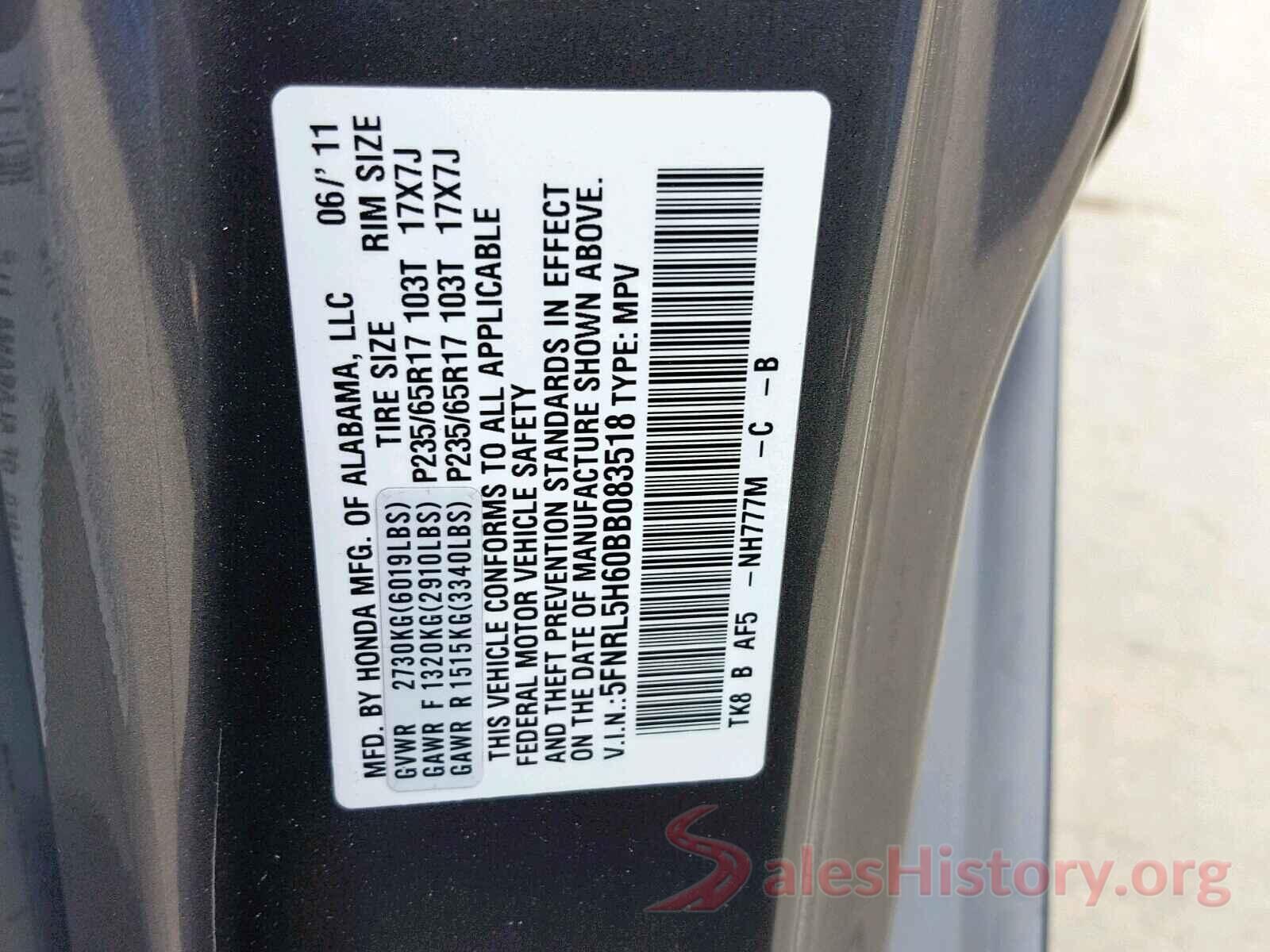 5FNRL5H60BB083518 2011 HONDA ODYSSEY EX