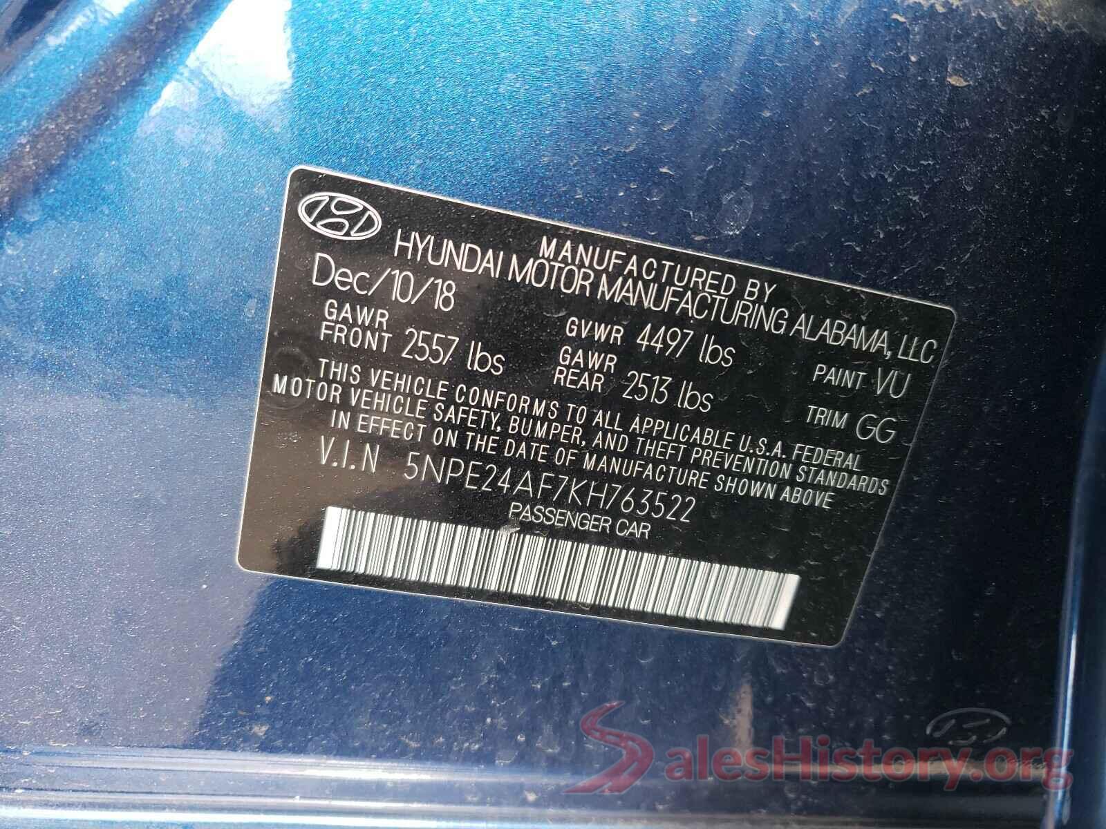 5NPE24AF7KH763522 2019 HYUNDAI SONATA