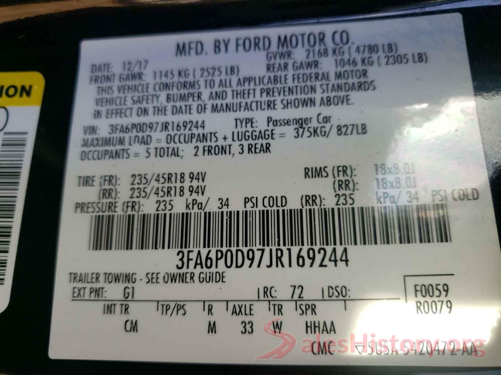 3FA6P0D97JR169244 2018 FORD FUSION