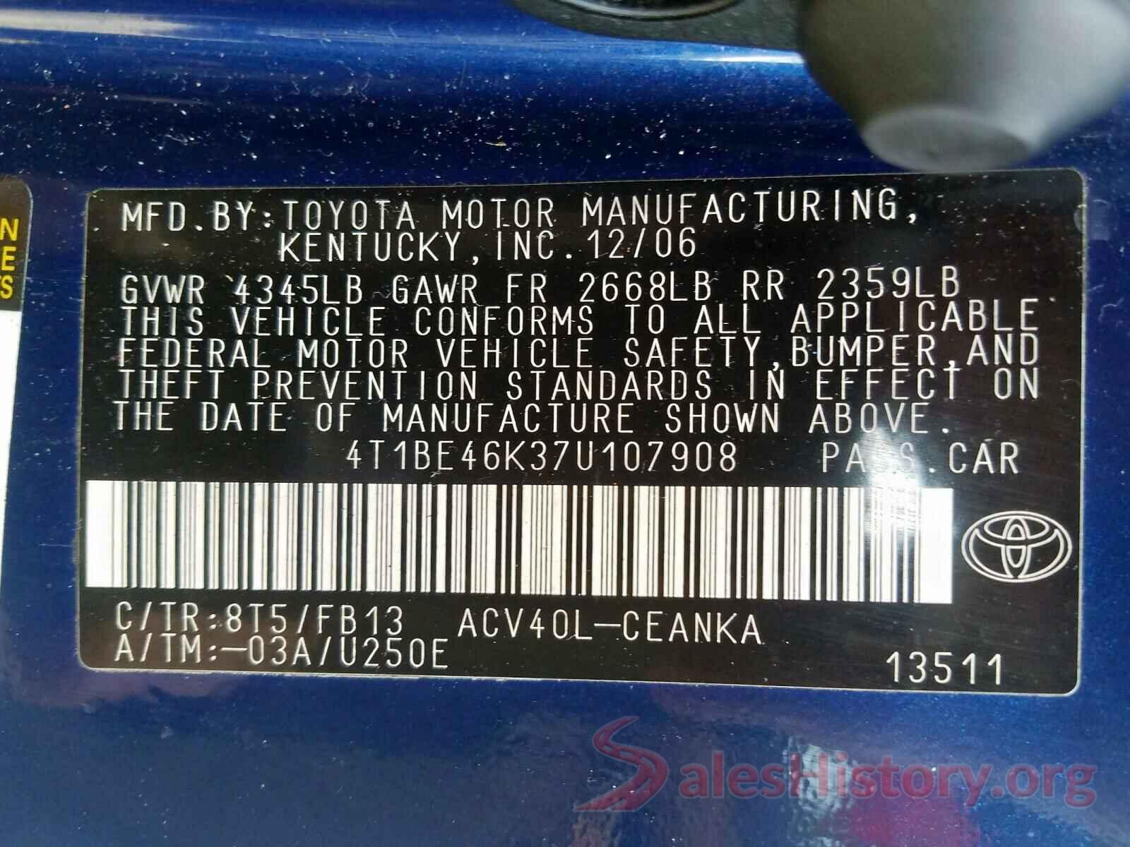 5TFAX5GN3LX173280 2007 TOYOTA CAMRY