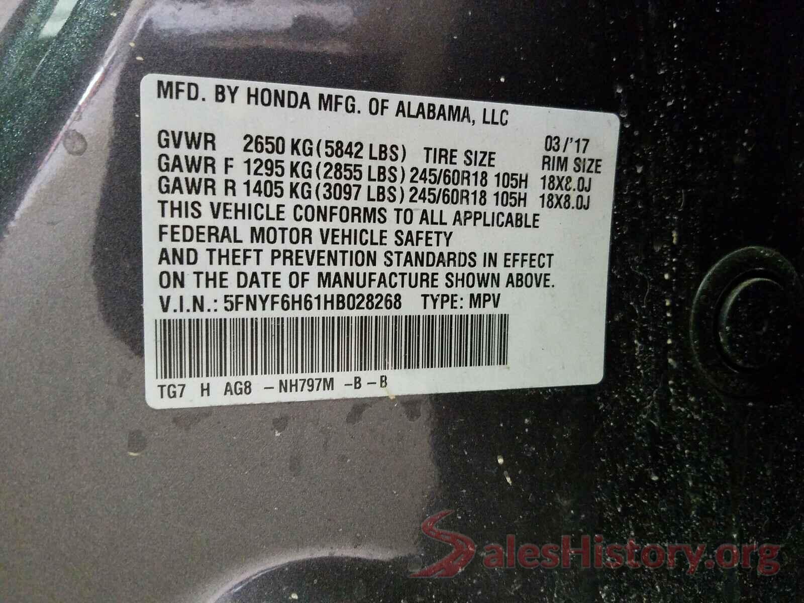 5FNYF6H61HB028268 2017 HONDA PILOT