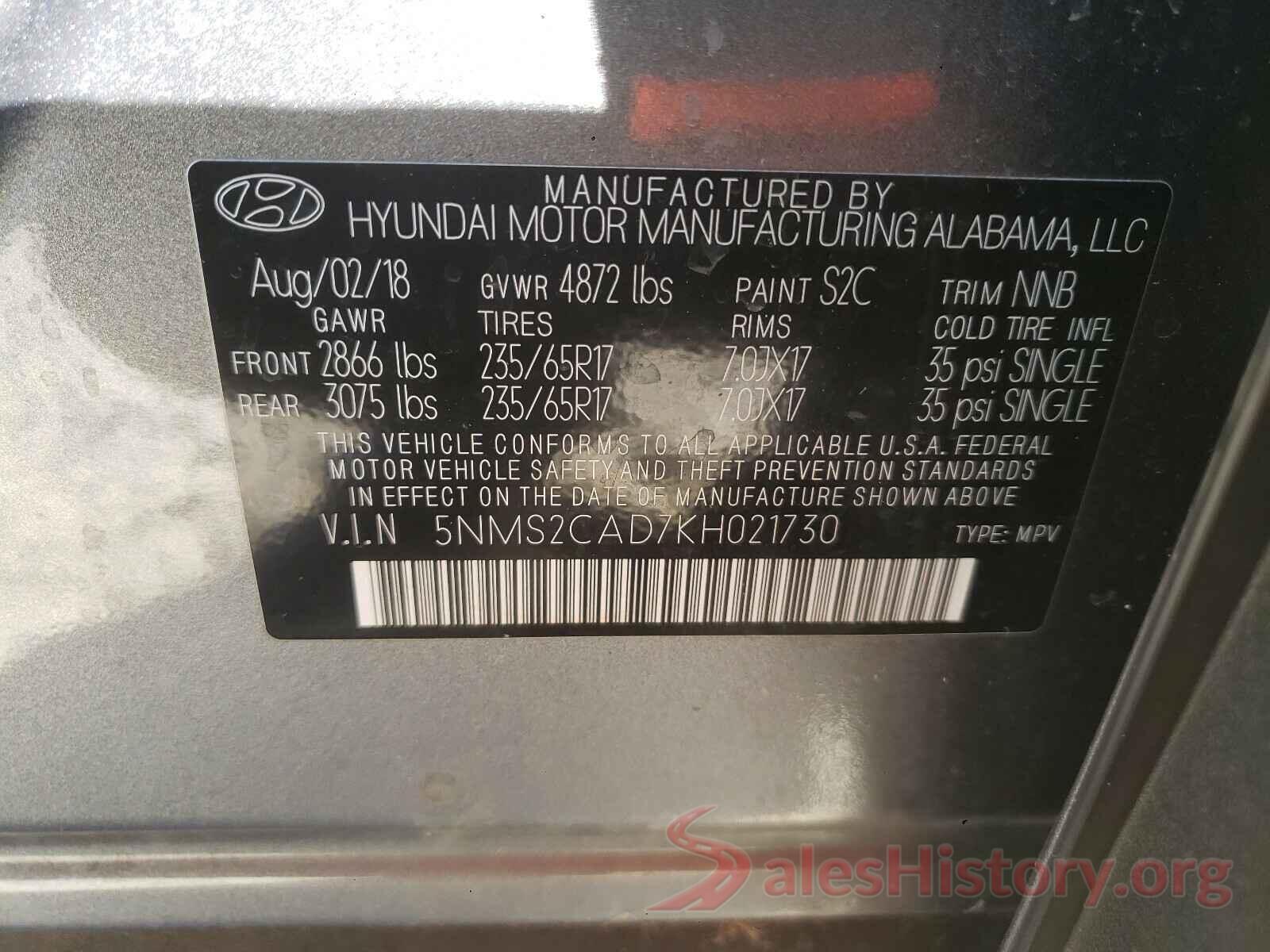 5NMS2CAD7KH021730 2019 HYUNDAI SANTA FE