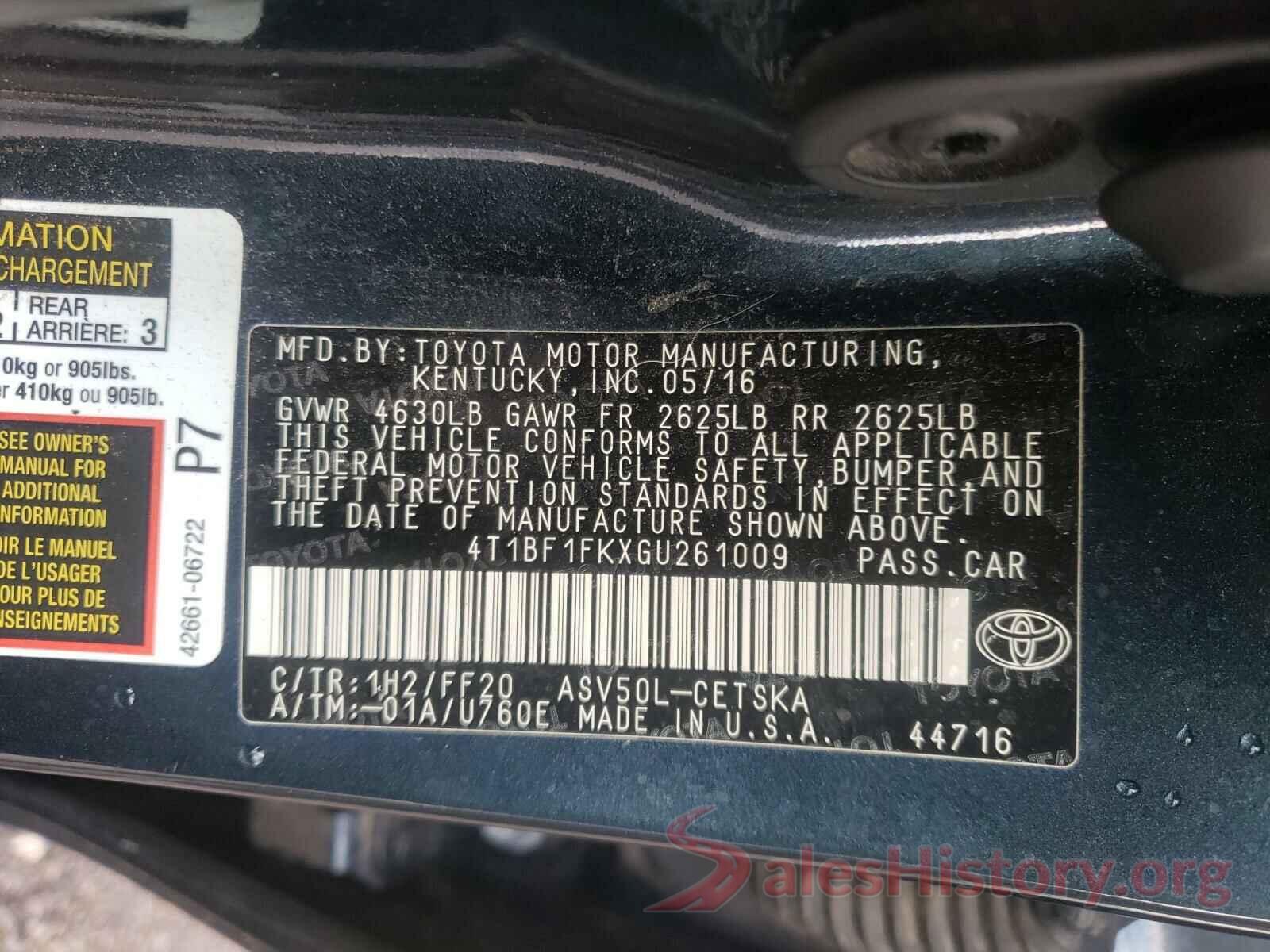 4T1BF1FKXGU261009 2016 TOYOTA CAMRY