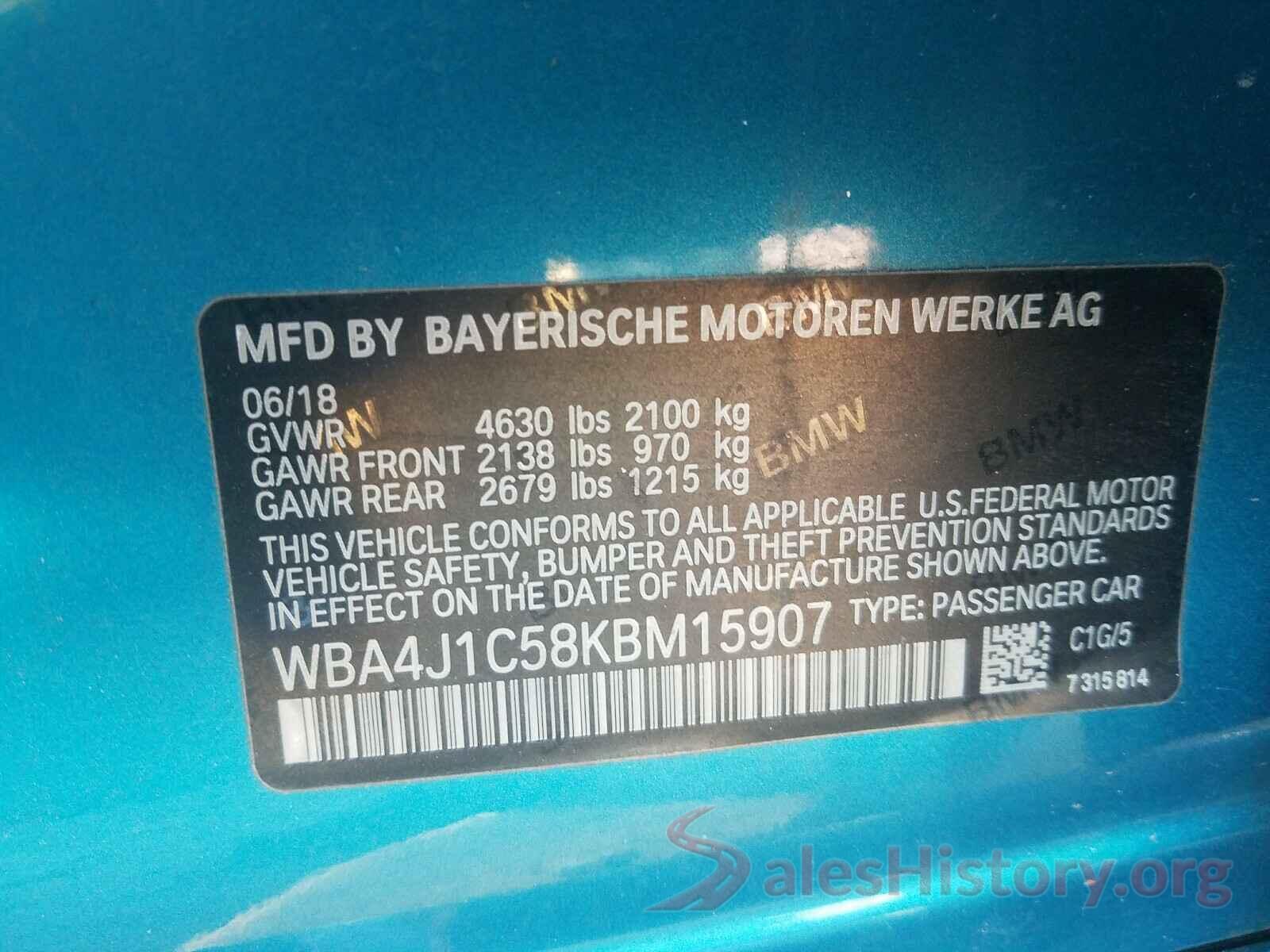 WBA4J1C58KBM15907 2019 BMW 4 SERIES