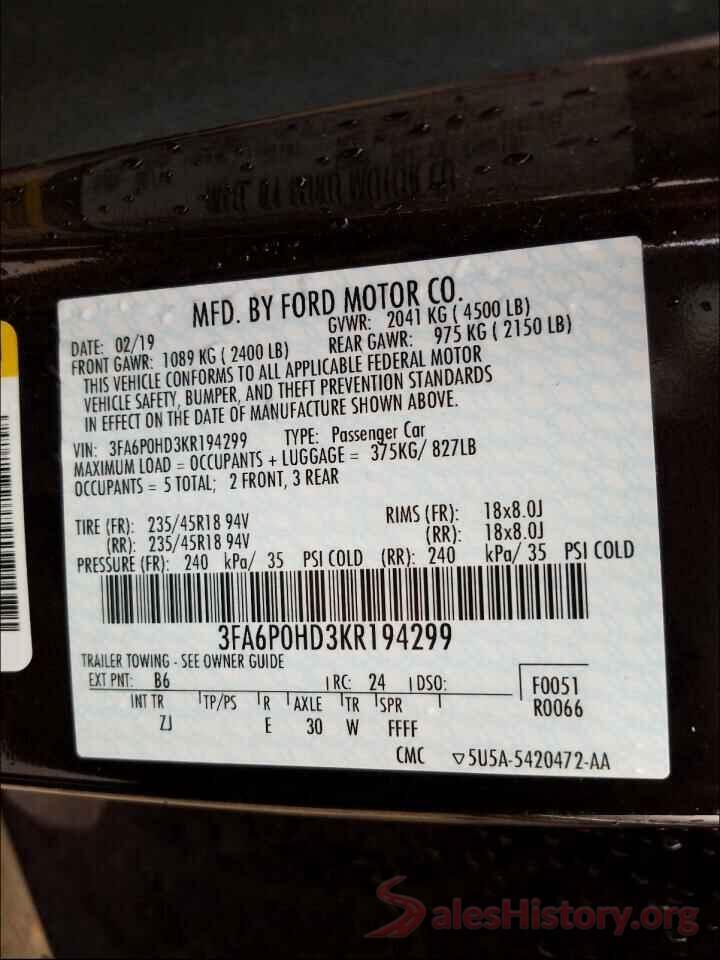 3FA6P0HD3KR194299 2019 FORD FUSION