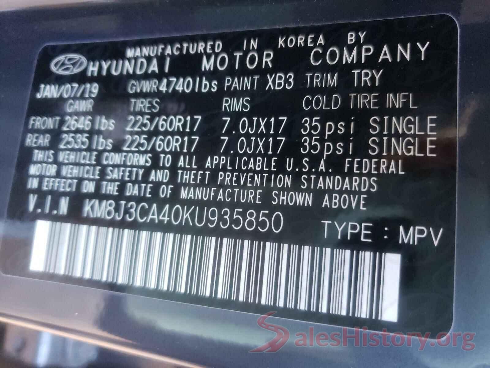 KM8J3CA40KU935850 2019 HYUNDAI TUCSON