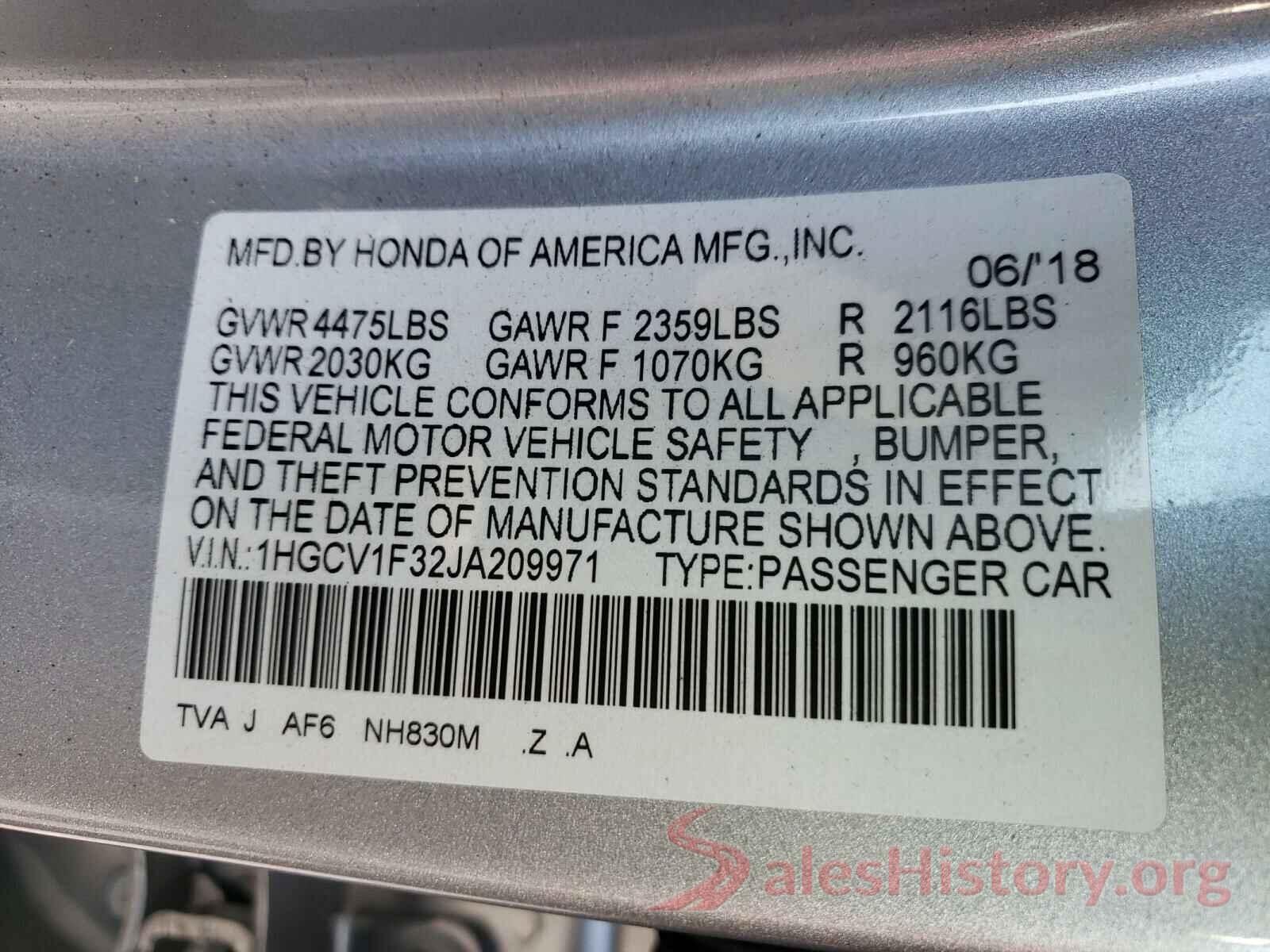 1HGCV1F32JA209971 2018 HONDA ACCORD