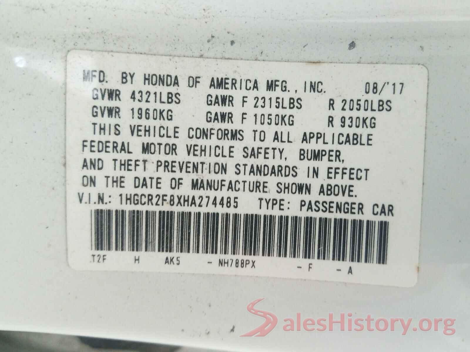 1HGCR2F8XHA274485 2017 HONDA ACCORD