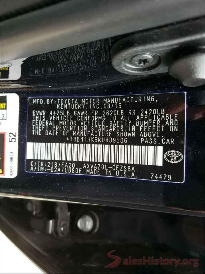 4T1B11HK5KU839506 2019 TOYOTA CAMRY