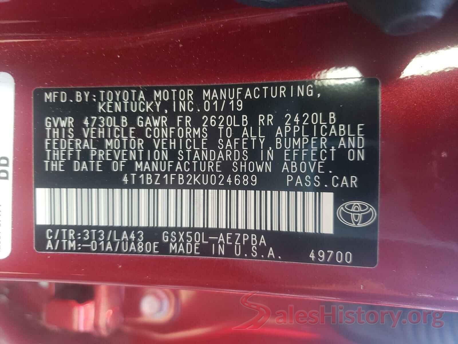 4T1BZ1FB2KU024689 2019 TOYOTA AVALON