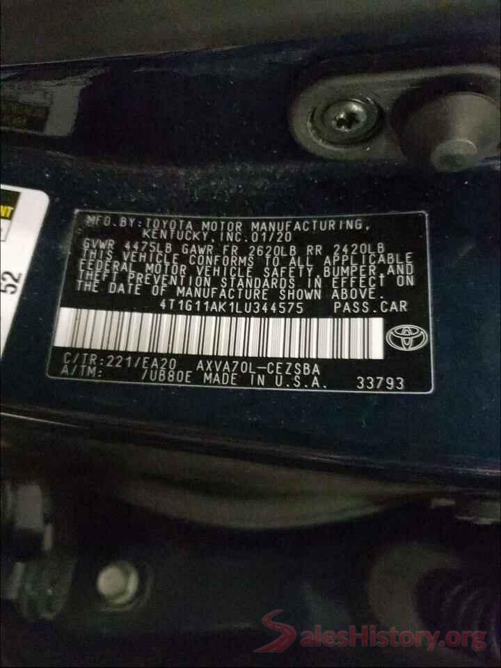 4T1G11AK1LU344575 2020 TOYOTA CAMRY