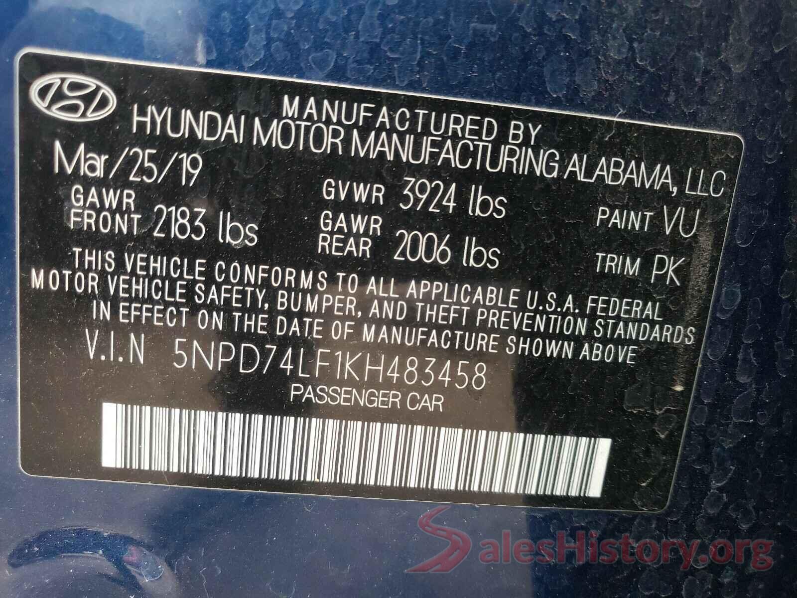 5NPD74LF1KH483458 2019 HYUNDAI ELANTRA