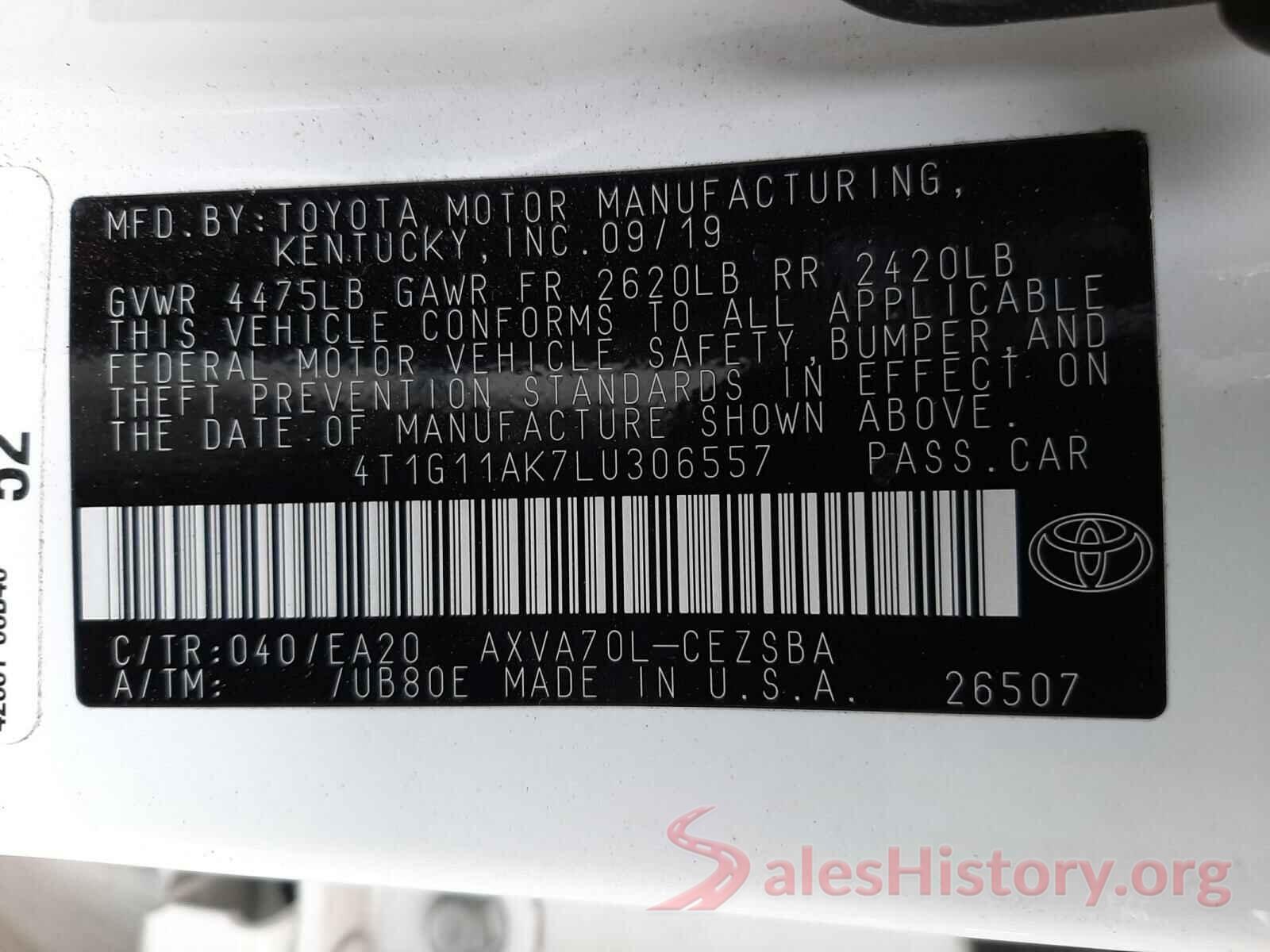 4T1G11AK7LU306557 2020 TOYOTA CAMRY