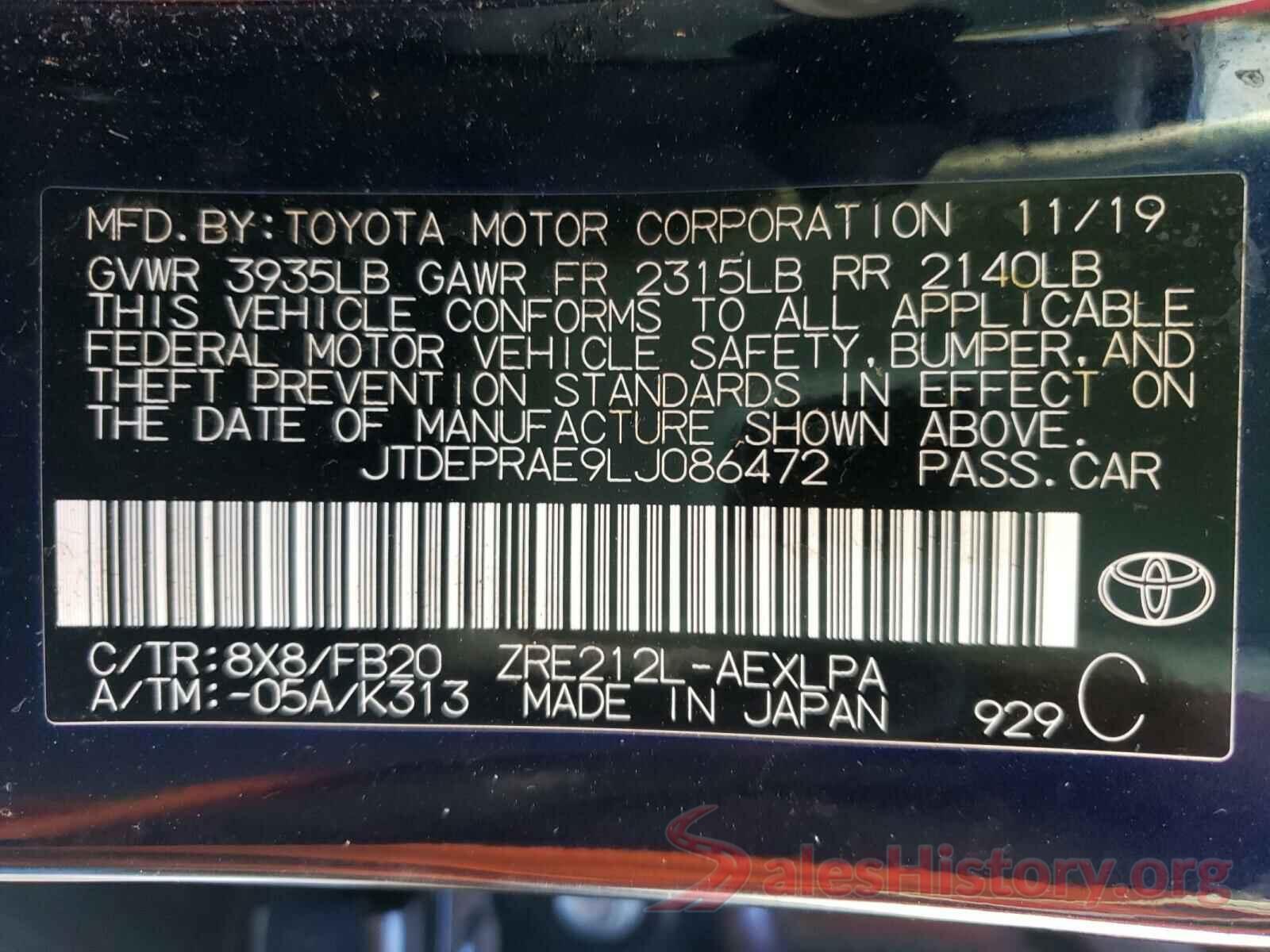 JTDEPRAE9LJ086472 2020 TOYOTA COROLLA