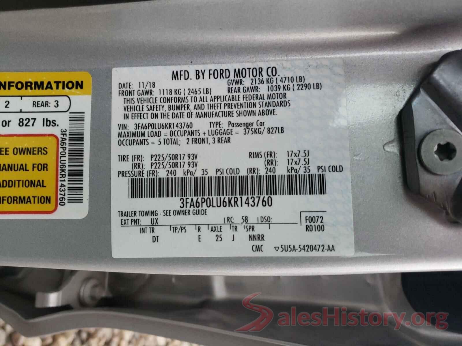 3FA6P0LU6KR143760 2019 FORD FUSION