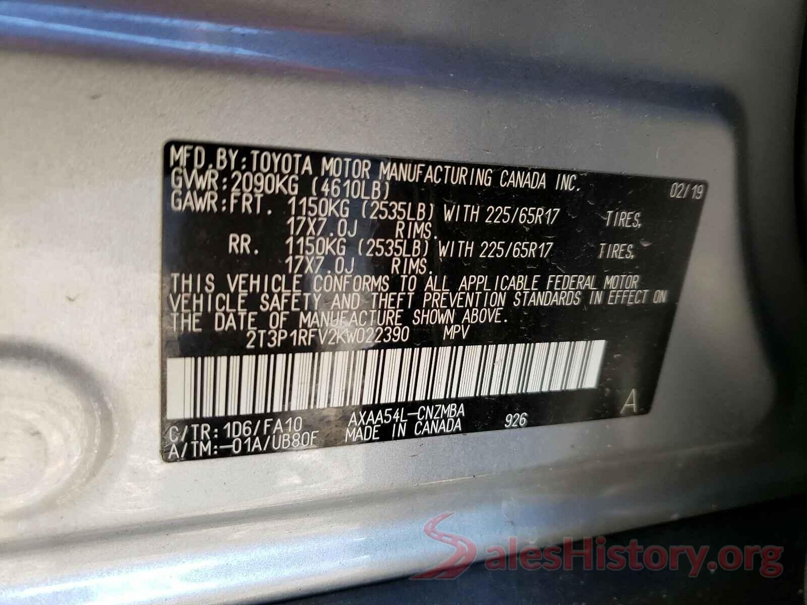 2T3P1RFV2KW022390 2019 TOYOTA RAV4