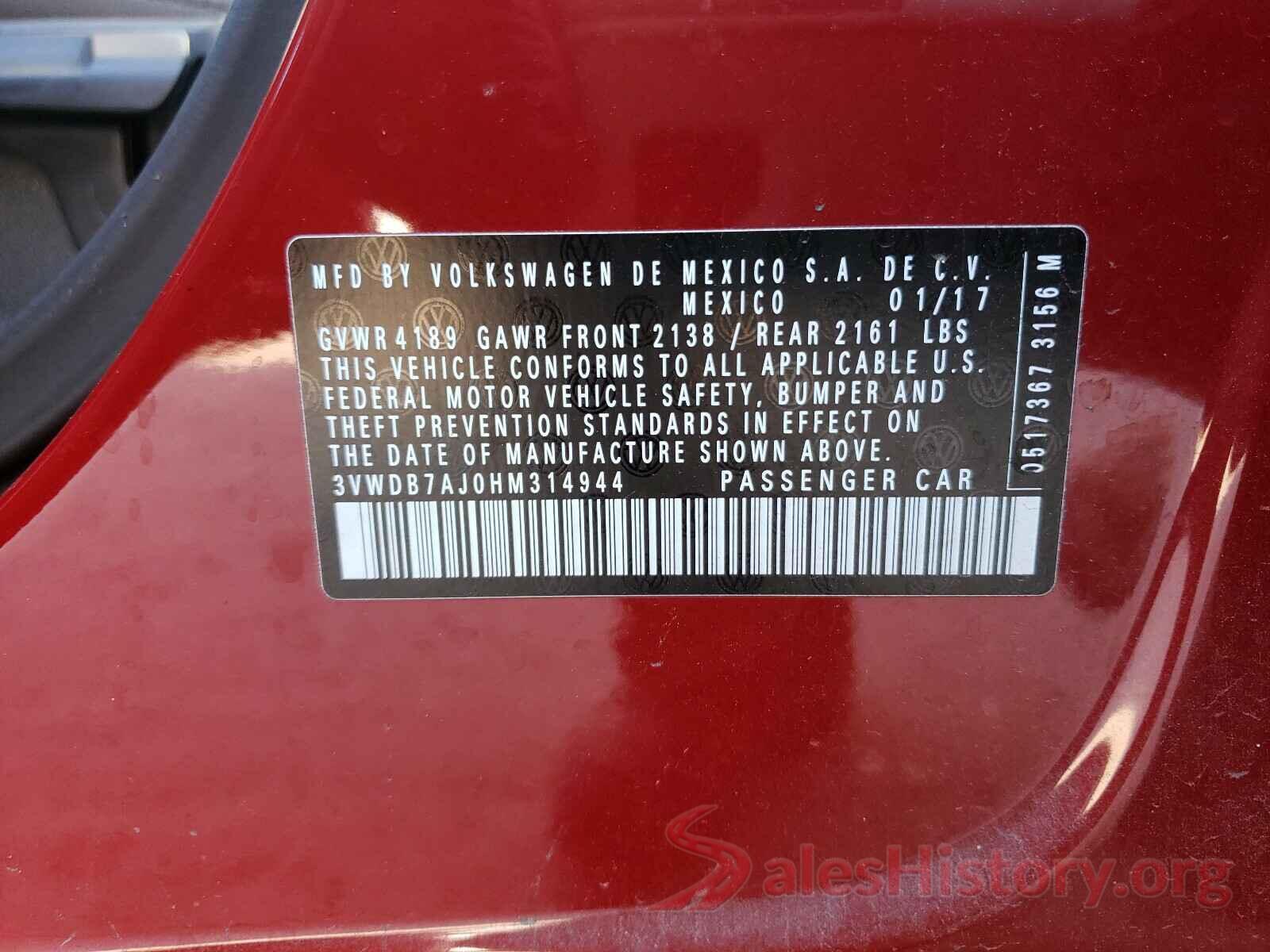 3VWDB7AJ0HM314944 2017 VOLKSWAGEN JETTA