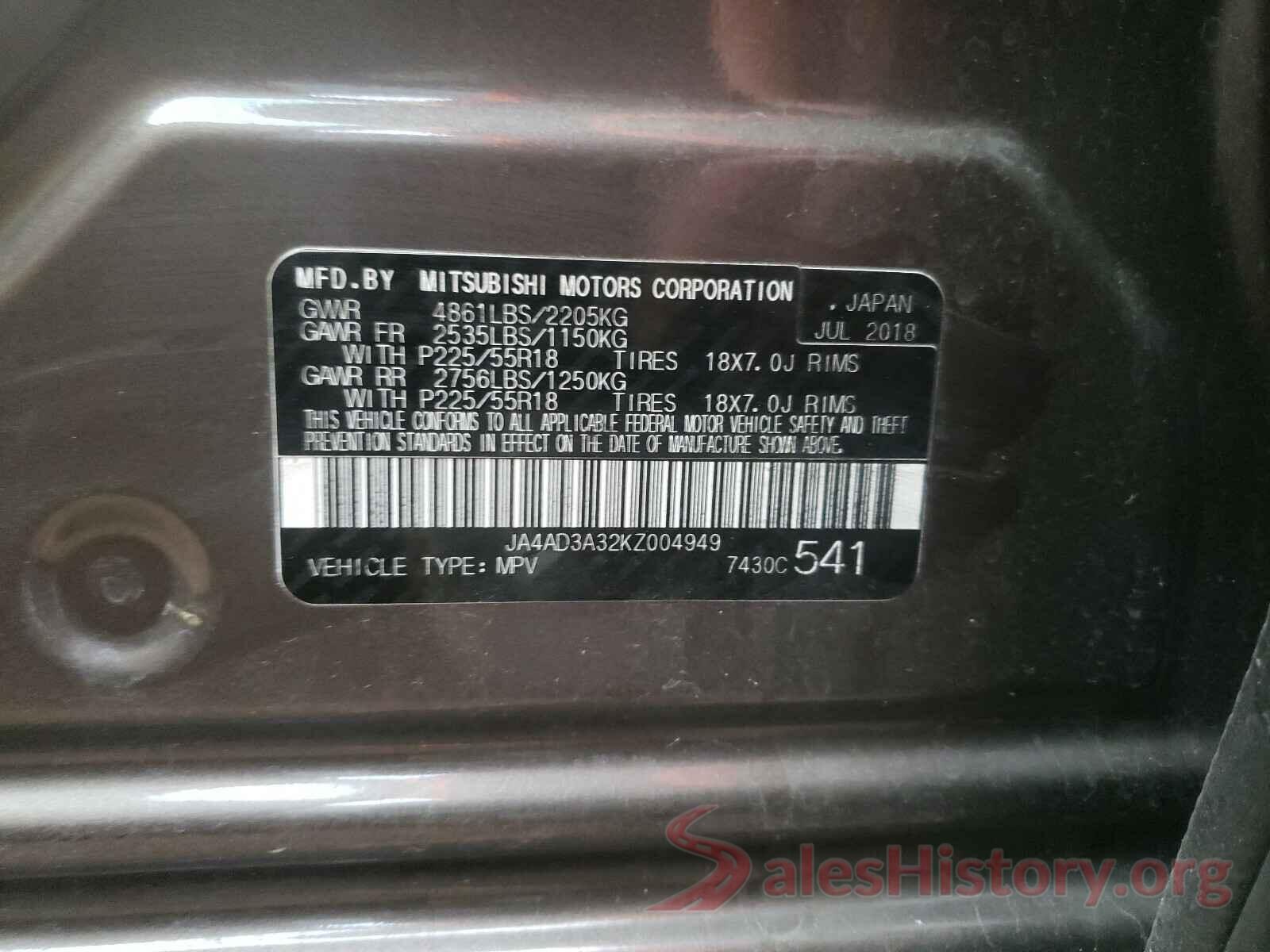 JA4AD3A32KZ004949 2019 MITSUBISHI OUTLANDER