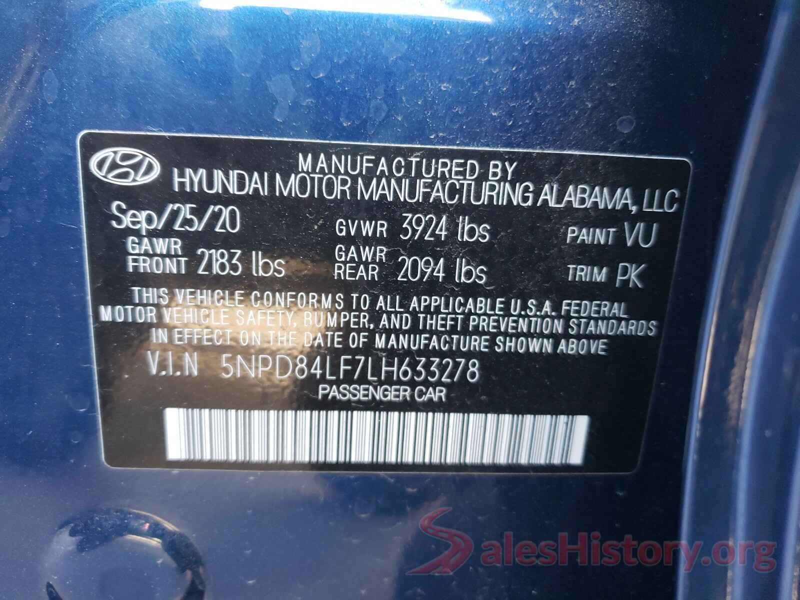 5NPD84LF7LH633278 2020 HYUNDAI ELANTRA