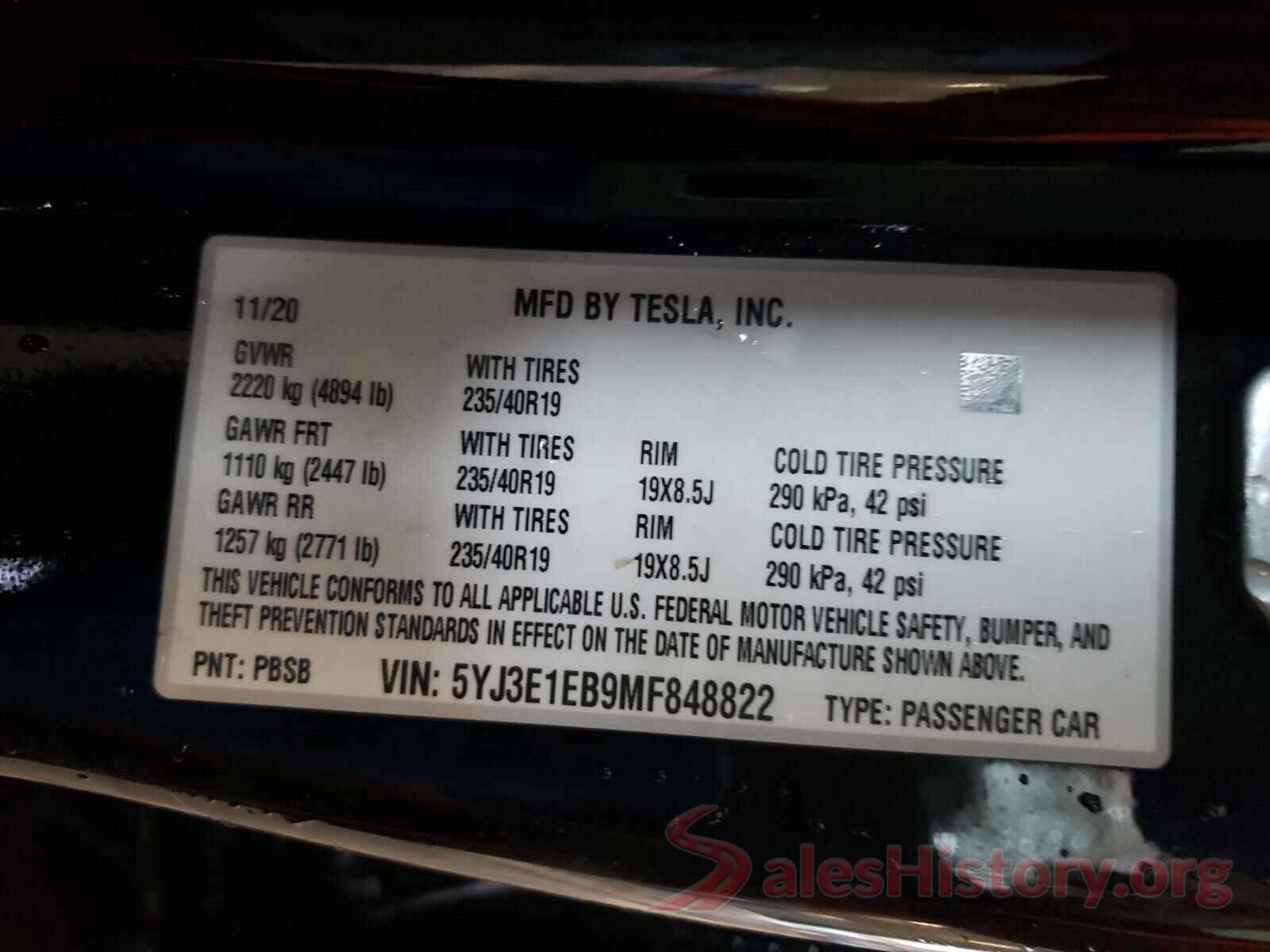 5YJ3E1EB9MF848822 2021 TESLA MODEL 3