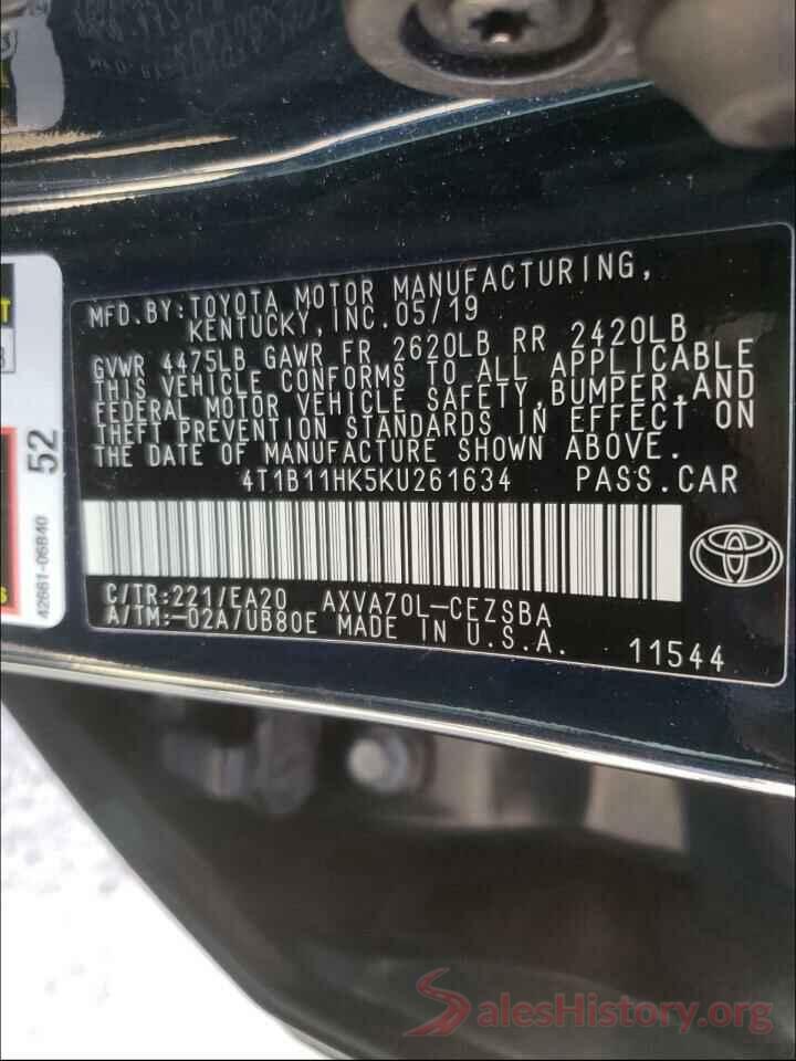 4T1B11HK5KU261634 2019 TOYOTA CAMRY