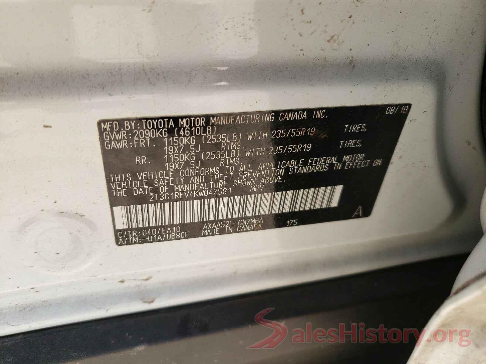 2T3C1RFV4KW047581 2019 TOYOTA RAV4