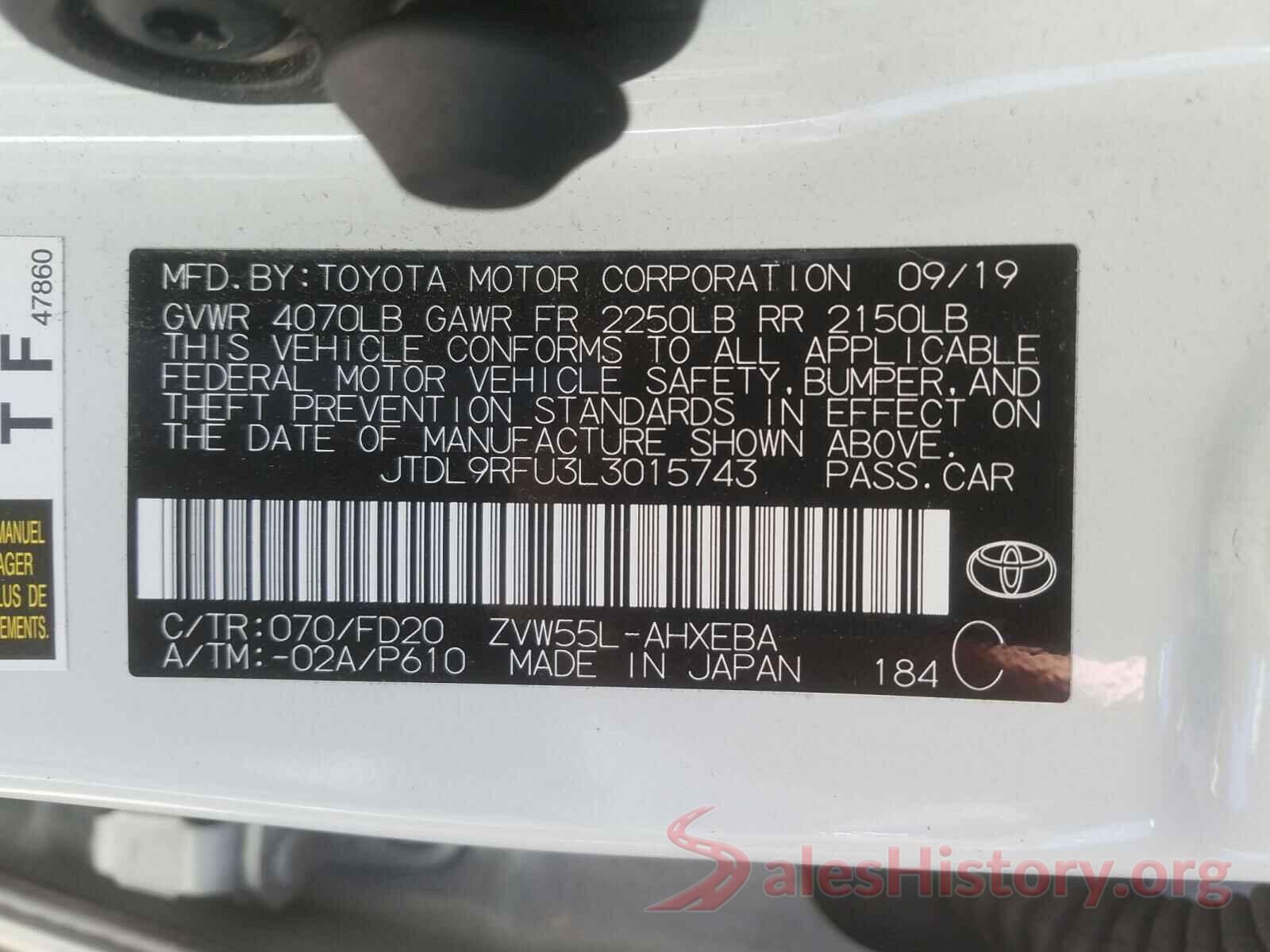 JTDL9RFU3L3015743 2020 TOYOTA PRIUS