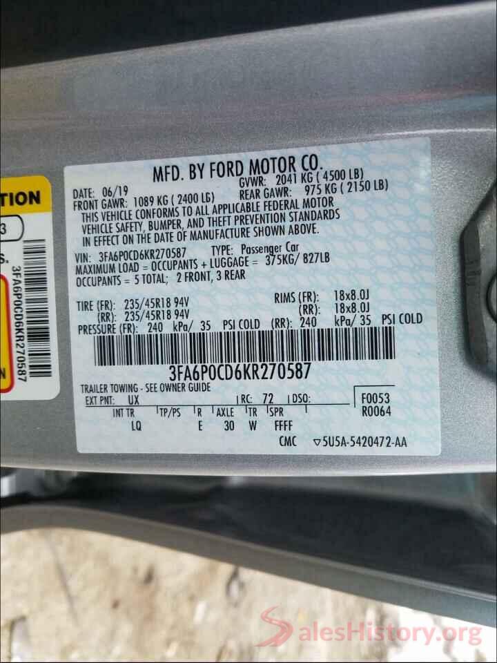 3FA6P0CD6KR270587 2019 FORD FUSION