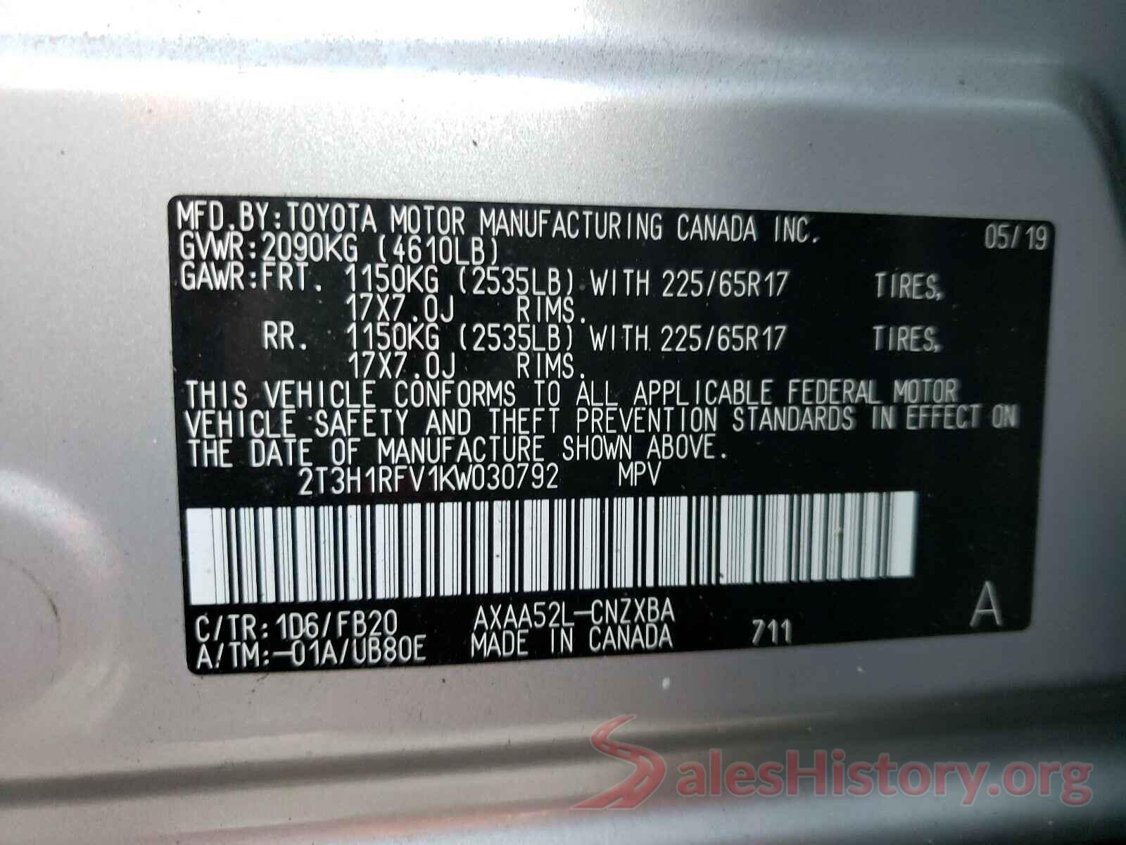 2T3H1RFV1KW030792 2019 TOYOTA RAV4