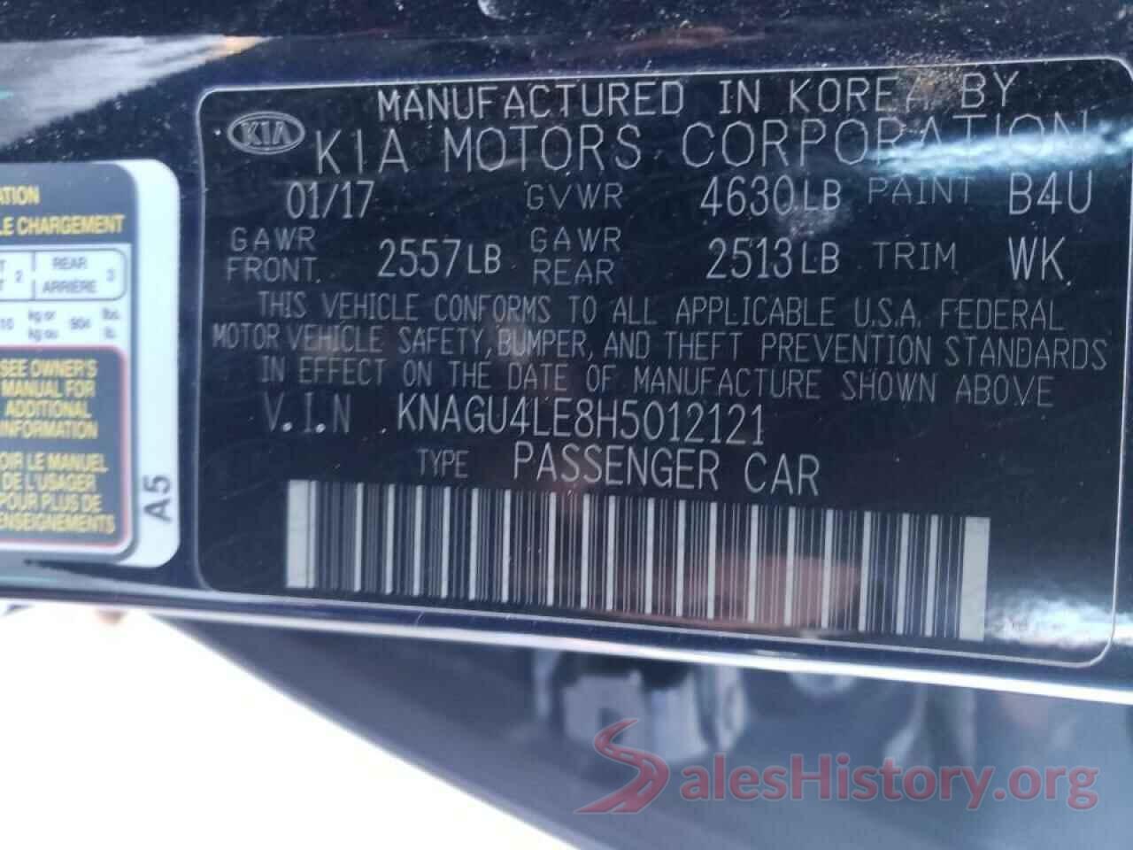 KNAGU4LE8H5012121 2017 KIA OPTIMA