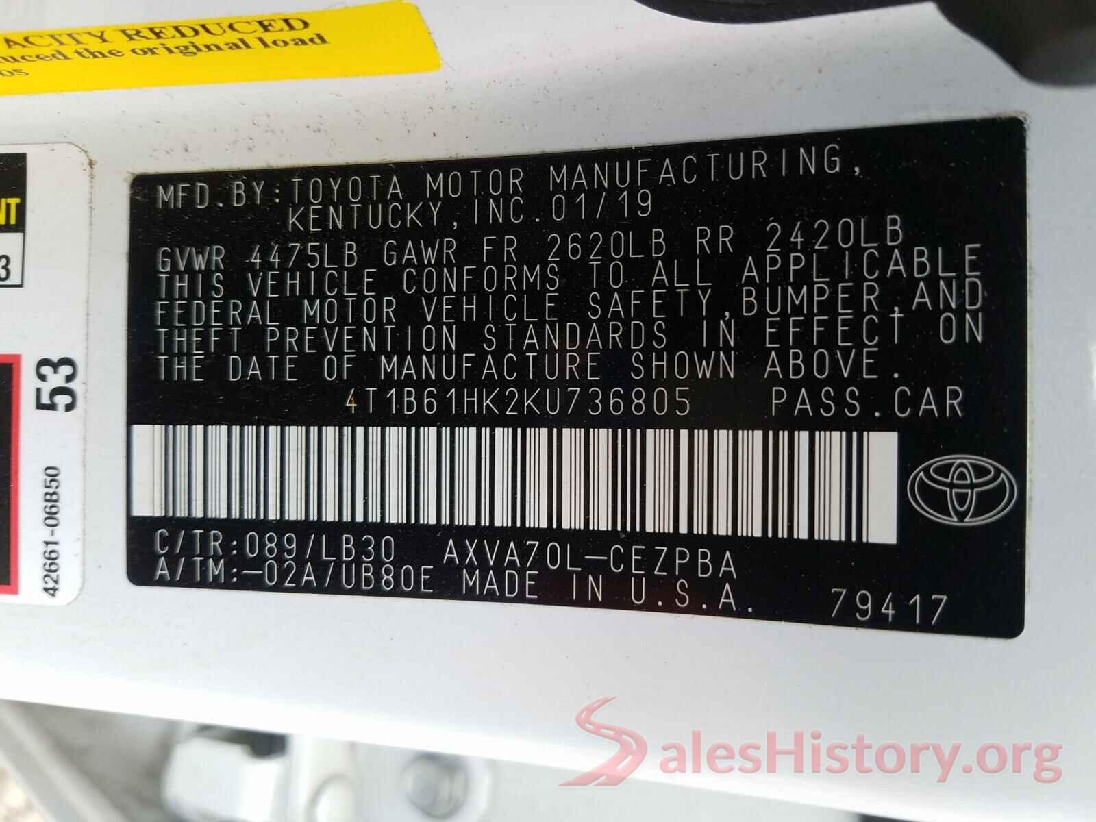 4T1B61HK2KU736805 2019 TOYOTA CAMRY