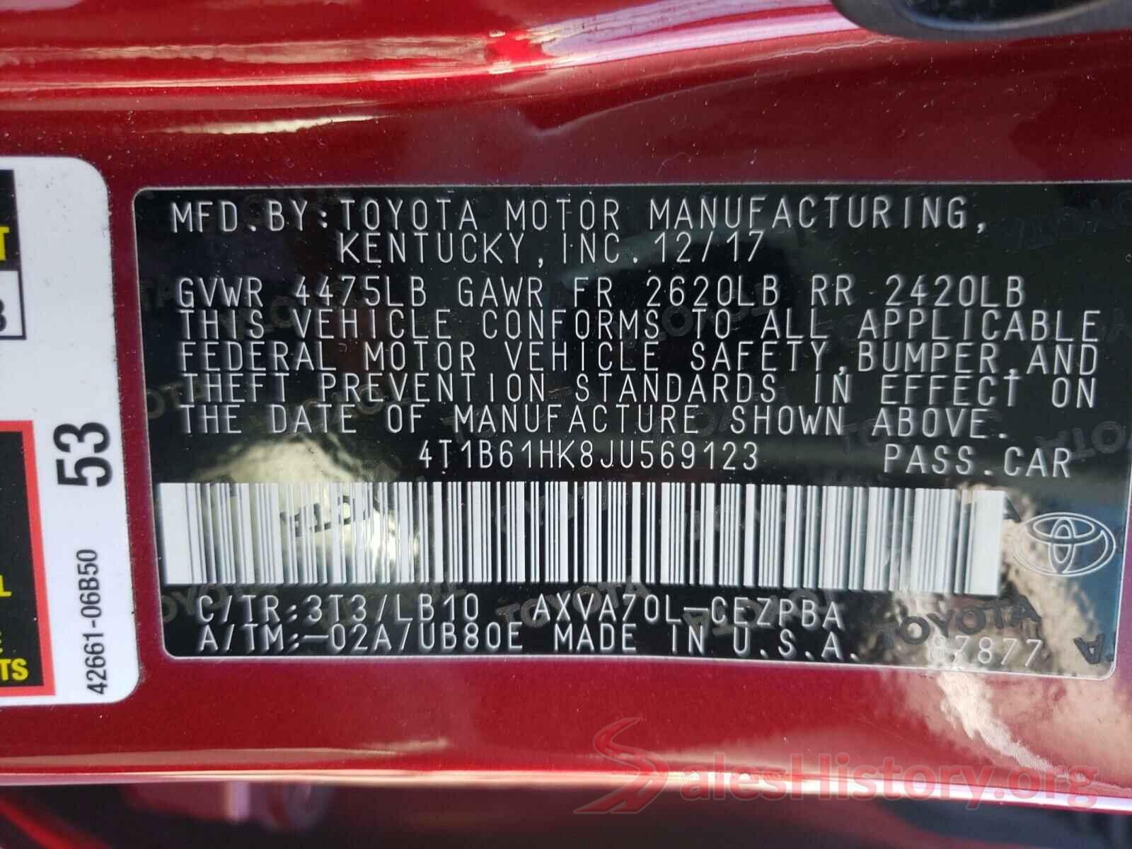 4T1B61HK8JU569123 2018 TOYOTA CAMRY