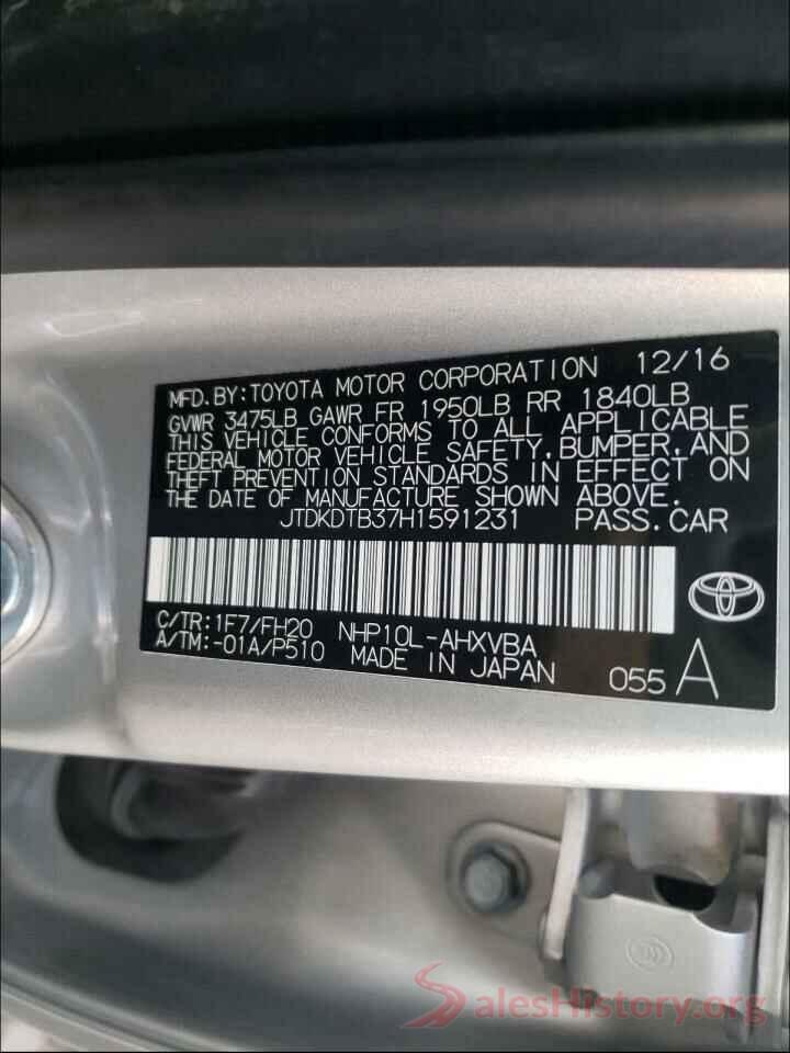 JTDKDTB37H1591231 2017 TOYOTA PRIUS