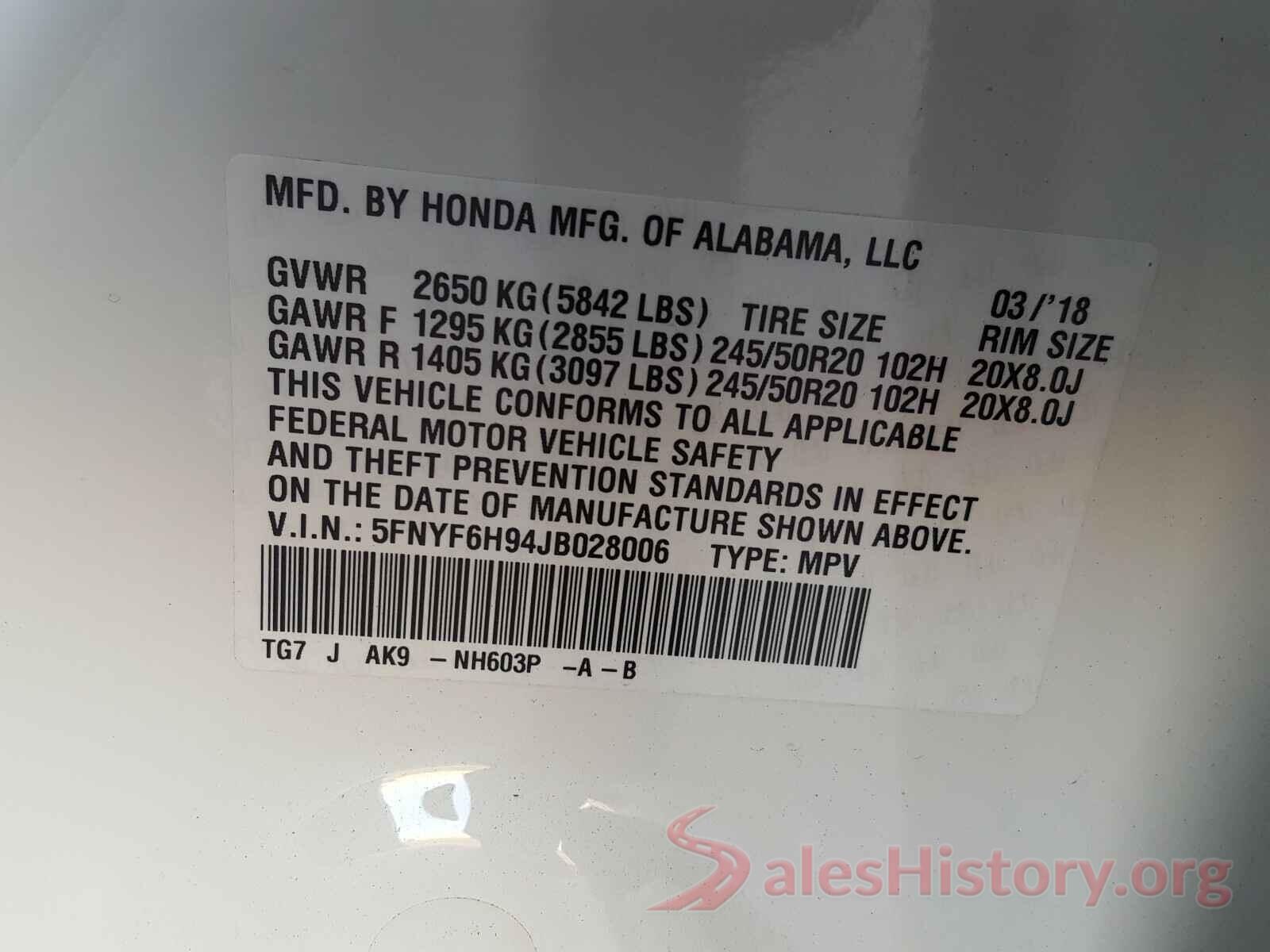 5FNYF6H94JB028006 2018 HONDA PILOT