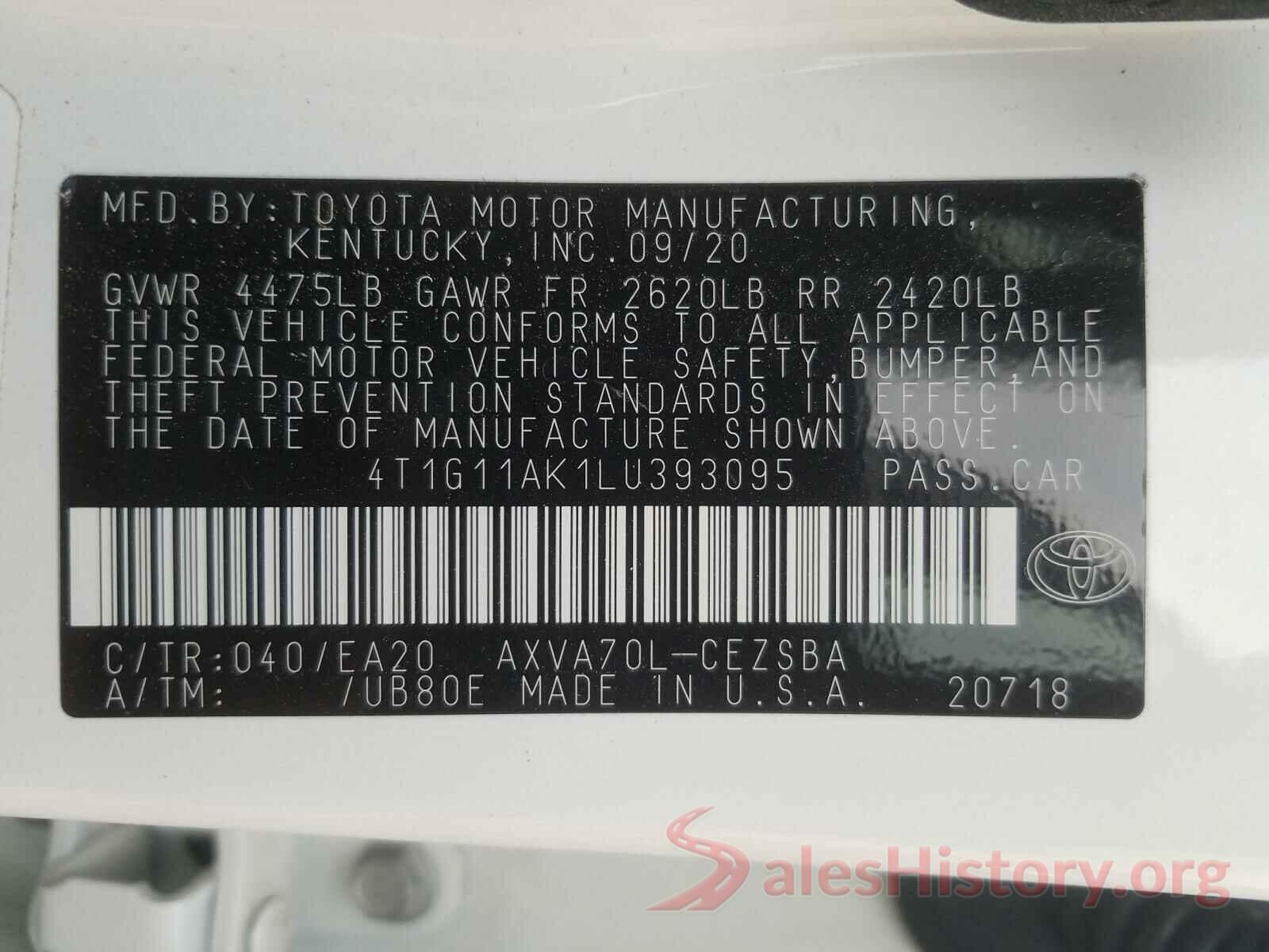 4T1G11AK1LU393095 2020 TOYOTA CAMRY