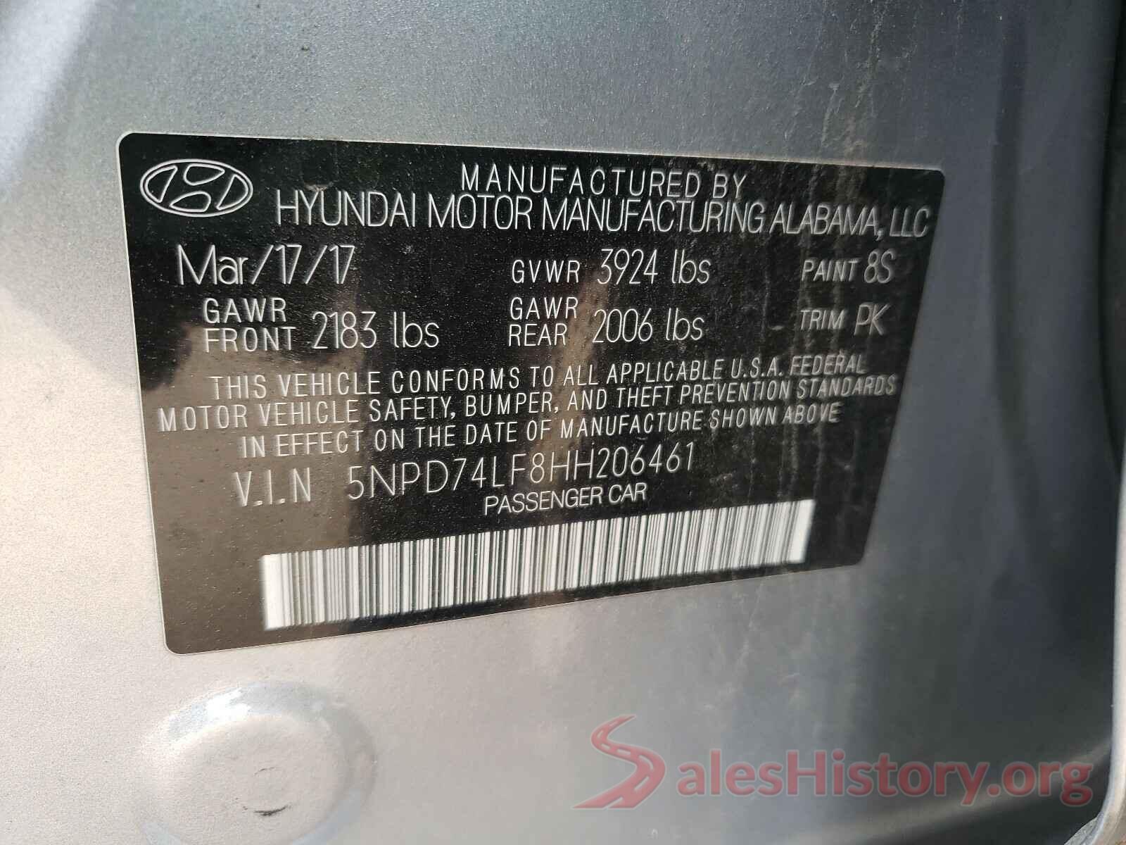 5NPD74LF8HH206461 2017 HYUNDAI ELANTRA