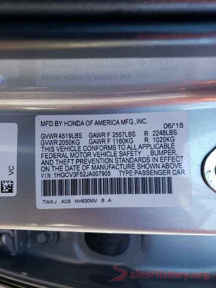 1HGCV3F52JA007905 2018 HONDA ACCORD