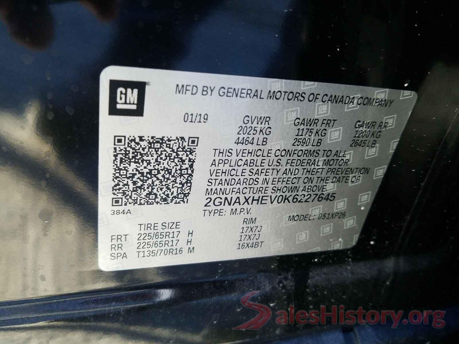 2GNAXHEV0K6227645 2019 CHEVROLET EQUINOX