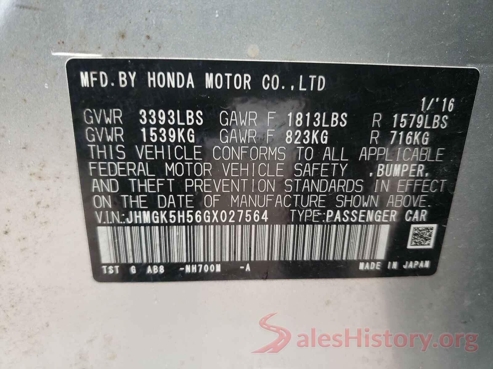 JHMGK5H56GX027564 2016 HONDA FIT