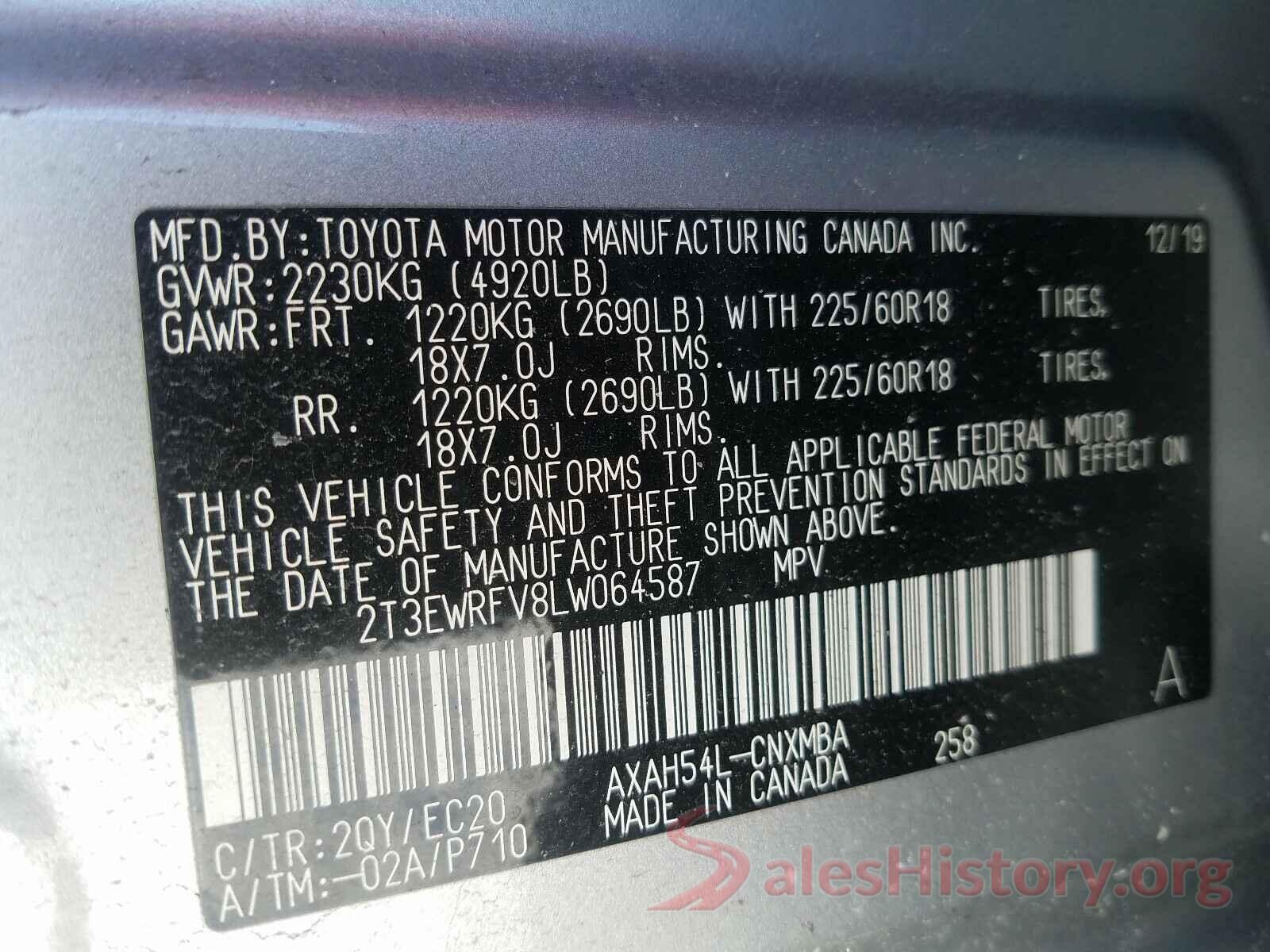 2T3EWRFV8LW064587 2020 TOYOTA RAV4