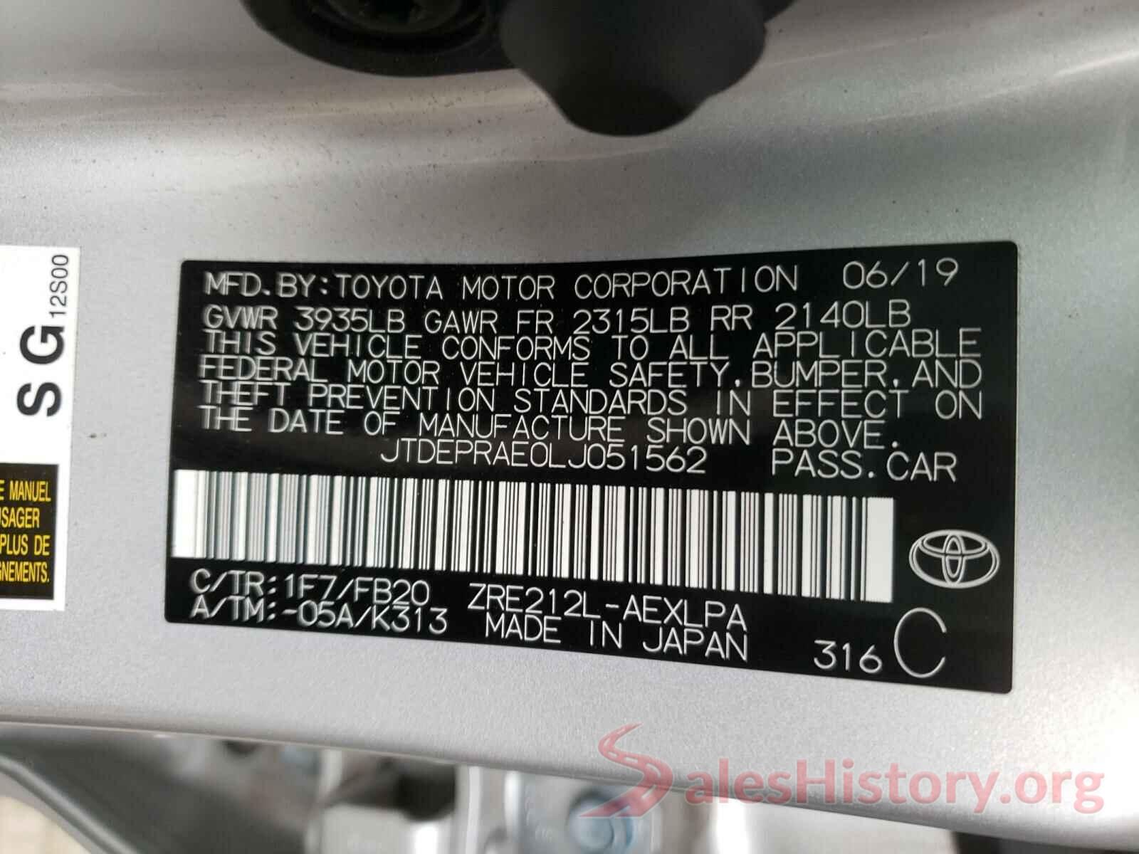 JTDEPRAE0LJ051562 2020 TOYOTA COROLLA